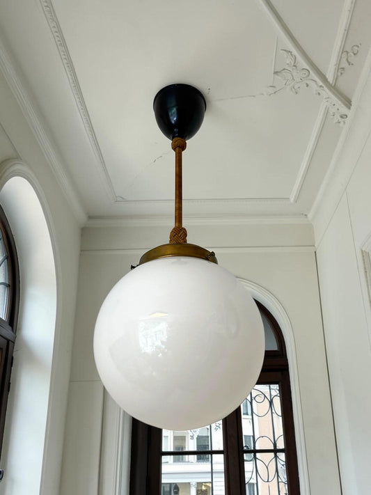 Art deco Amsterdam School Pendant Lamp with Opaline Glass Globe, Netherlands, c. 1920–1930  Ceiling lamp hanging , rope rod
