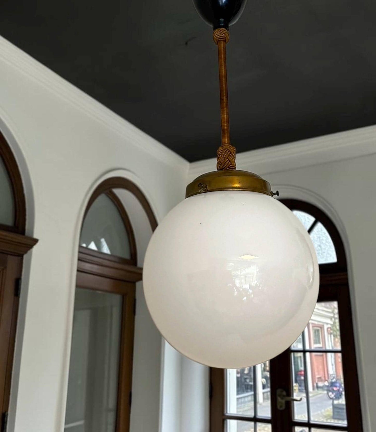 Art deco Amsterdam School Pendant Lamp with Opaline Glass Globe, Netherlands, c. 1920–1930  Ceiling lamp hanging , rope rod