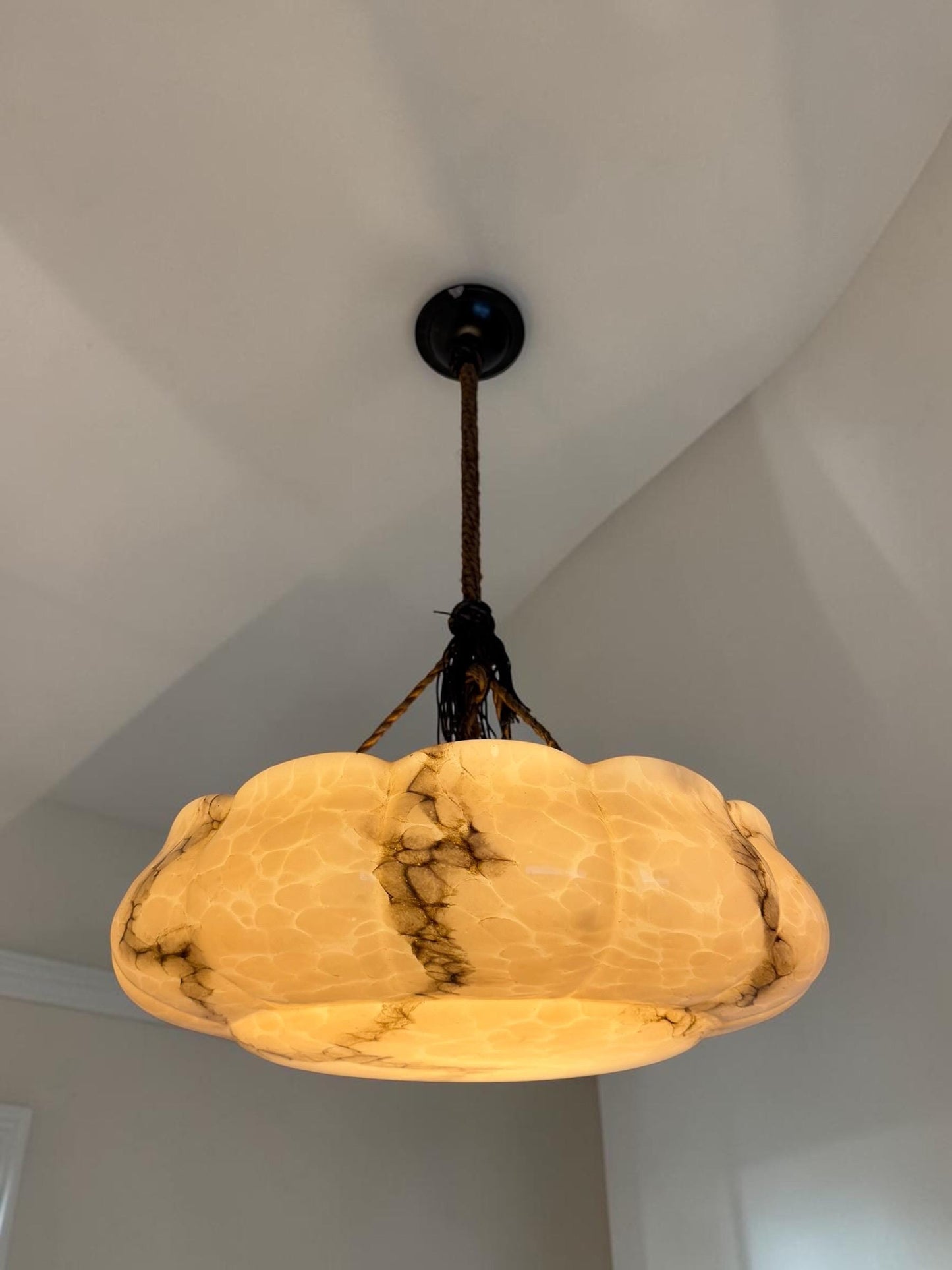 Art deco ceiling Lamp with Opaline Glass, Netherlands, c. 1930  Ceiling lamp hanging , rope