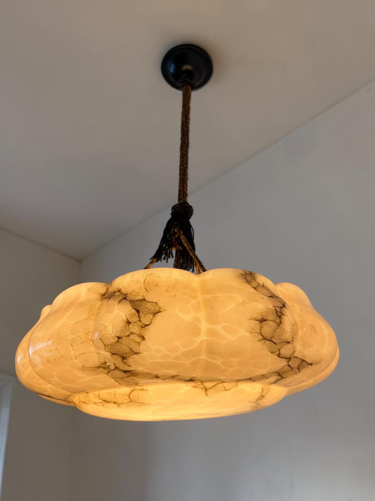 Art deco ceiling Lamp with Opaline Glass, Netherlands, c. 1930  Ceiling lamp hanging , rope