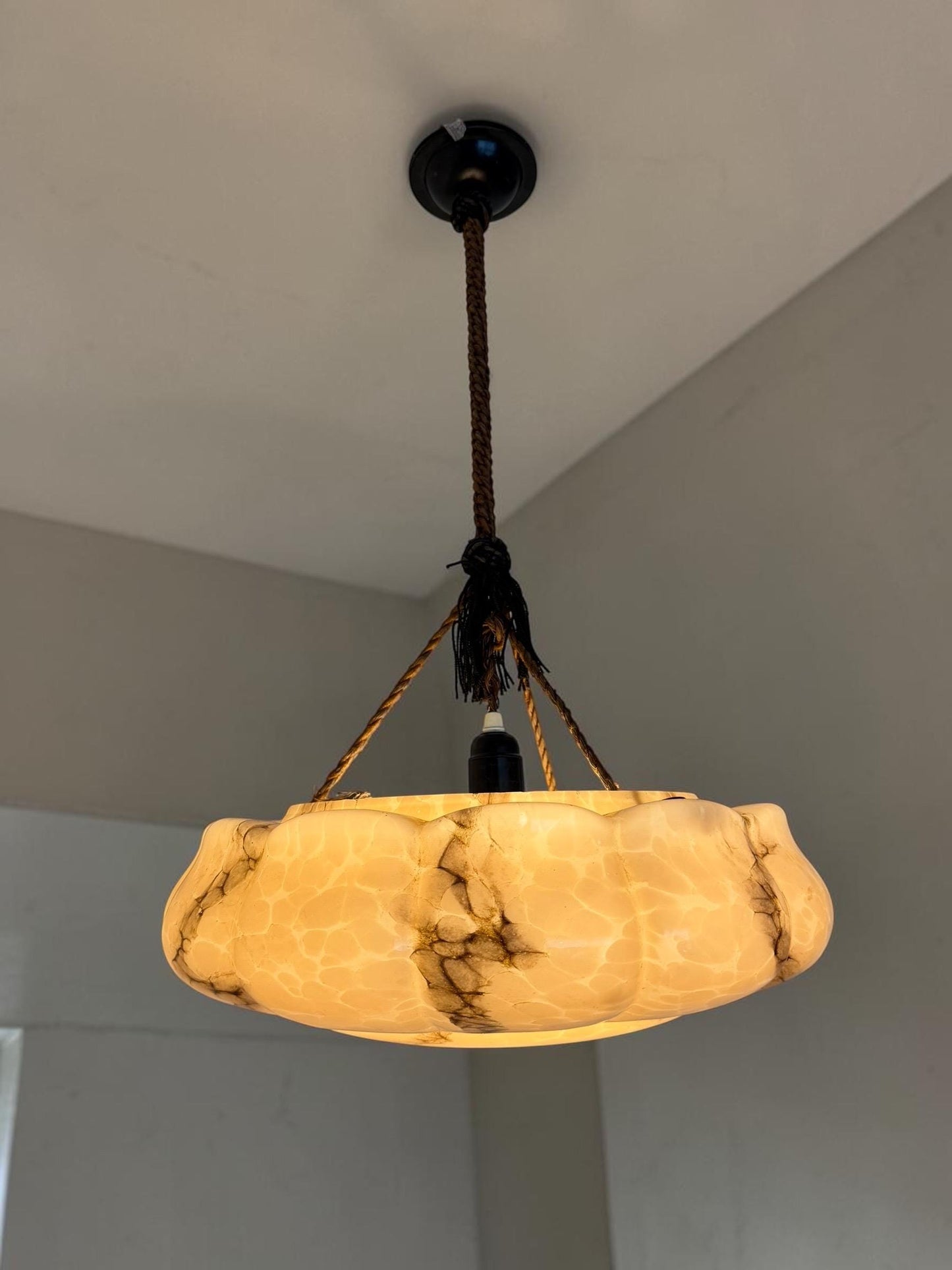 Art deco ceiling Lamp with Opaline Glass, Netherlands, c. 1930  Ceiling lamp hanging , rope