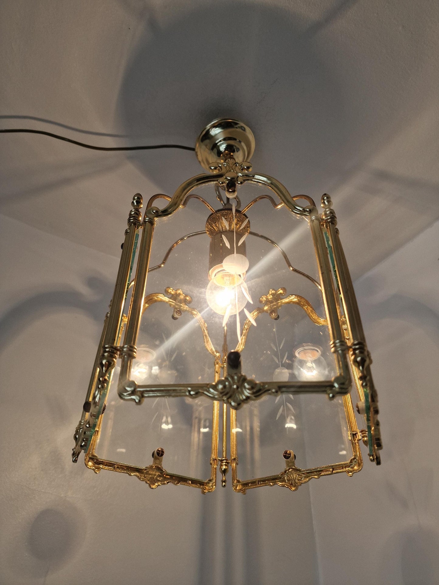 Brass pentagonal  Etched Glass Hall Lantern Ceiling Light Hanging Lantern, golden lamp penthagon