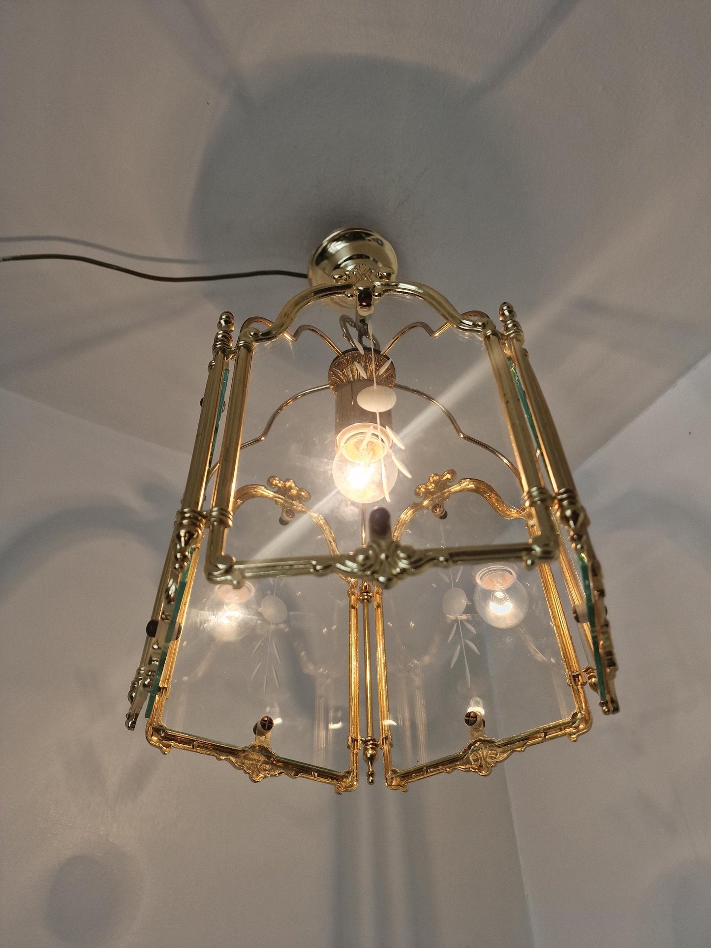 Brass pentagonal  Etched Glass Hall Lantern Ceiling Light Hanging Lantern, golden lamp penthagon