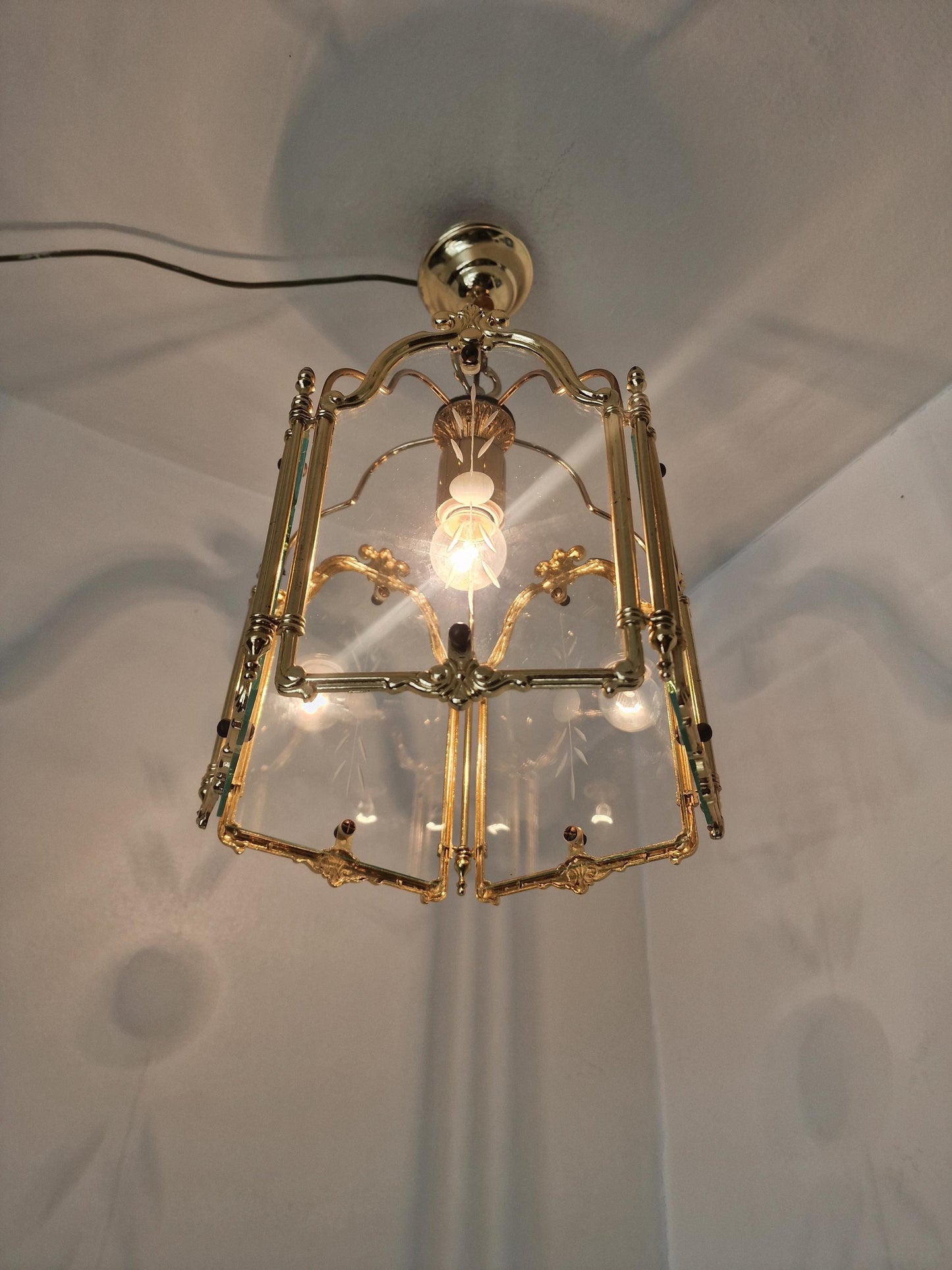 Brass pentagonal  Etched Glass Hall Lantern Ceiling Light Hanging Lantern, golden lamp penthagon