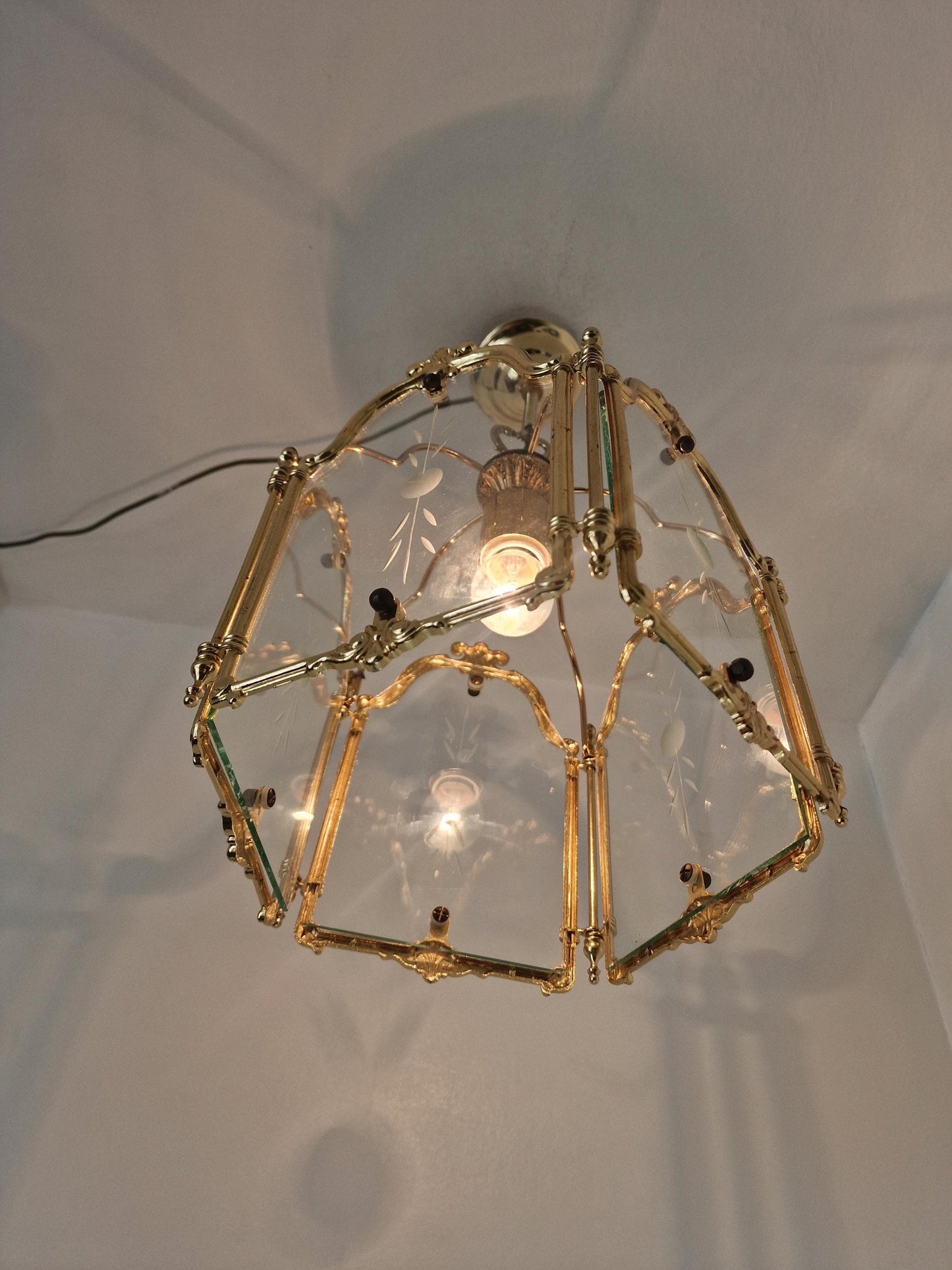 Brass pentagonal  Etched Glass Hall Lantern Ceiling Light Hanging Lantern, golden lamp penthagon