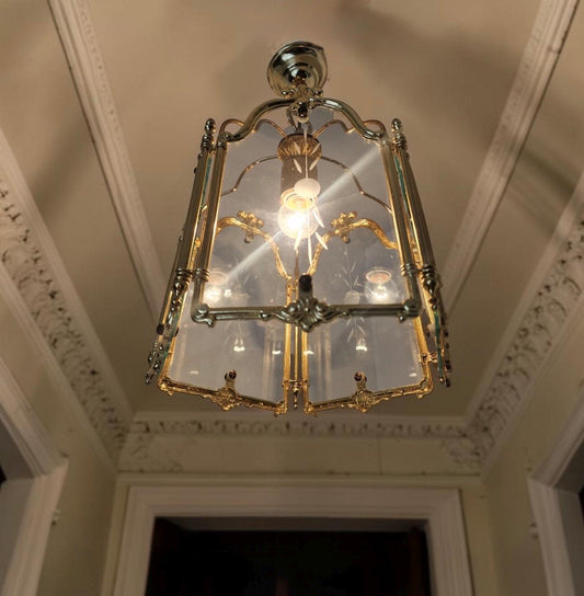 Brass pentagonal  Etched Glass Hall Lantern Ceiling Light Hanging Lantern, golden lamp penthagon