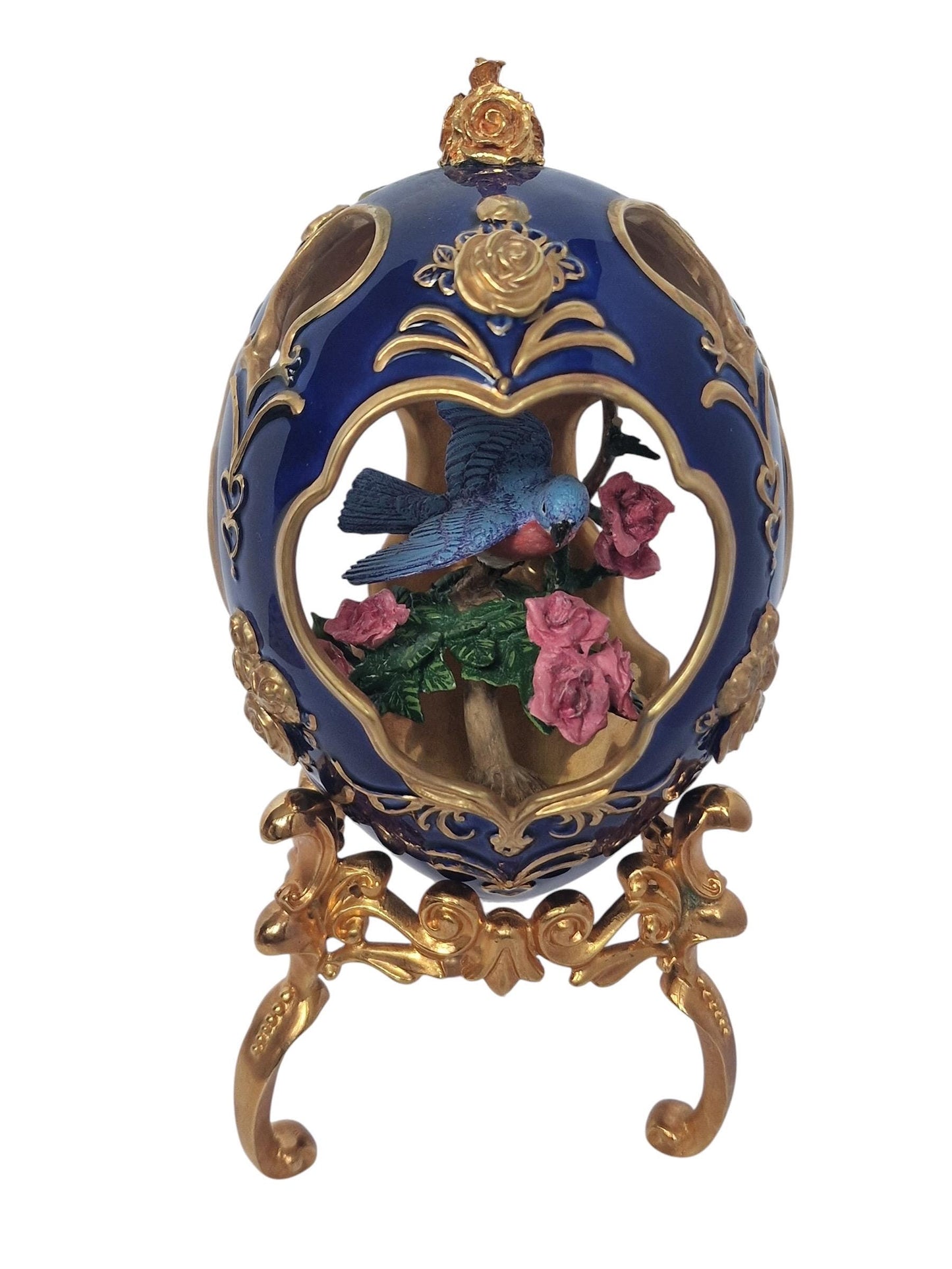 House of Fabergé, Faberge, gilded porcelain large egg with certificate of authenticity, sweet garden of romance, Blue Bird Figurine, retired