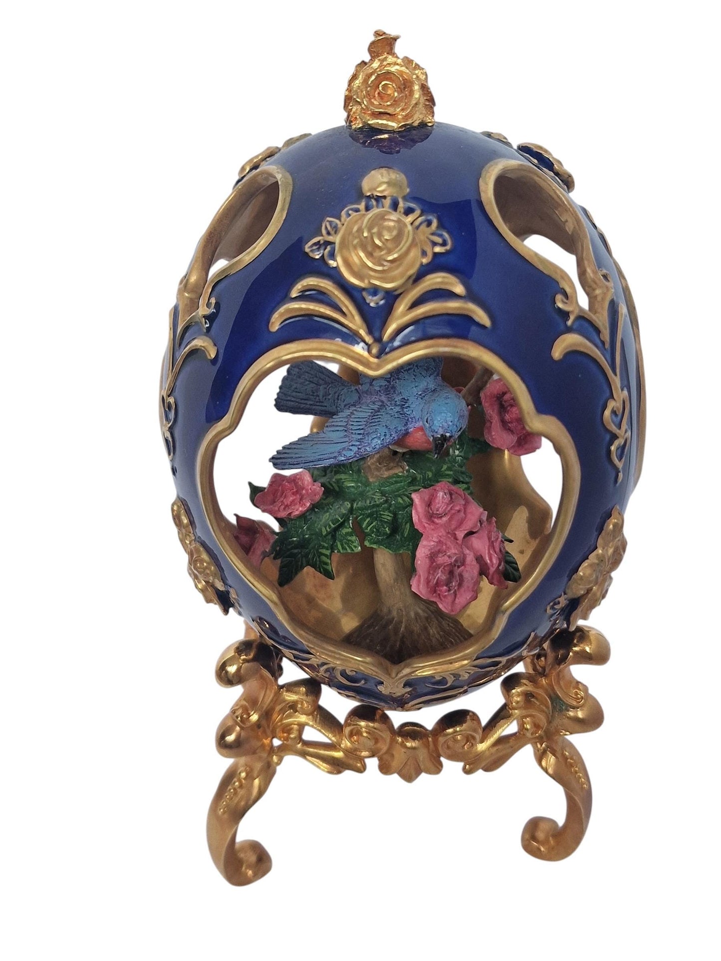 House of Fabergé, Faberge, gilded porcelain large egg with certificate of authenticity, sweet garden of romance, Blue Bird Figurine, retired