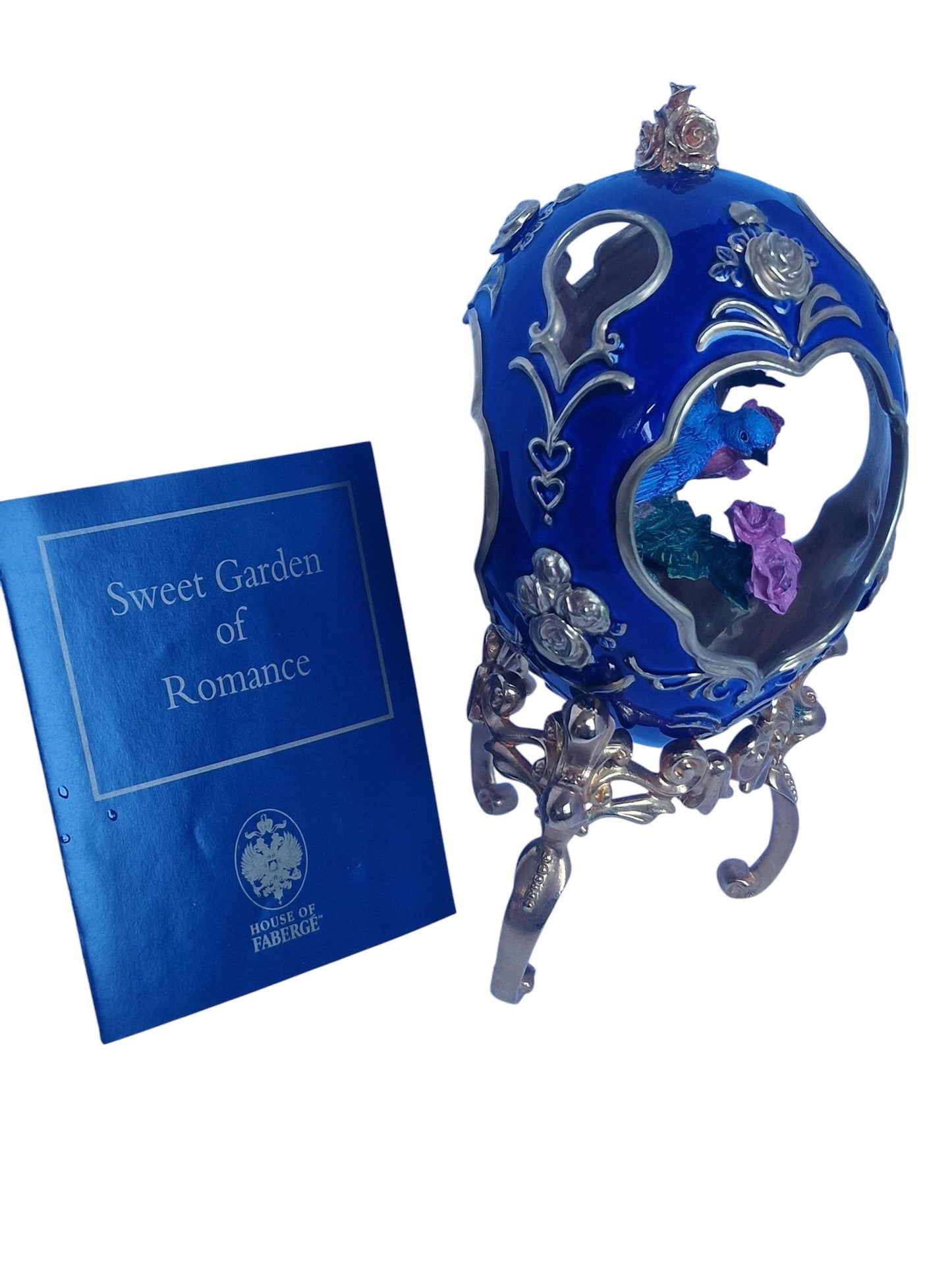 House of Fabergé, Faberge, gilded porcelain large egg with certificate of authenticity, sweet garden of romance, Blue Bird Figurine, retired
