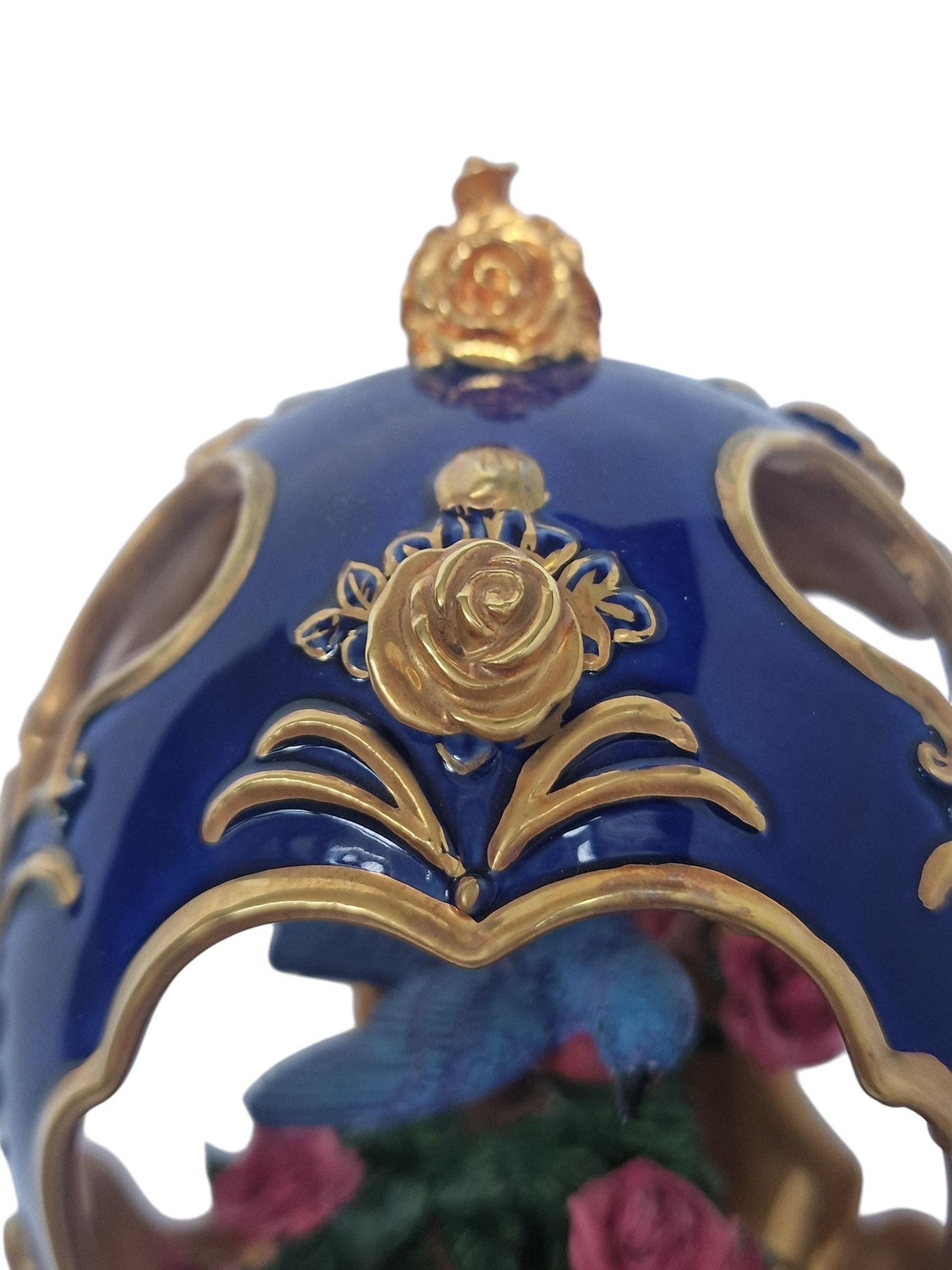 House of Fabergé, Faberge, gilded porcelain large egg with certificate of authenticity, sweet garden of romance, Blue Bird Figurine, retired