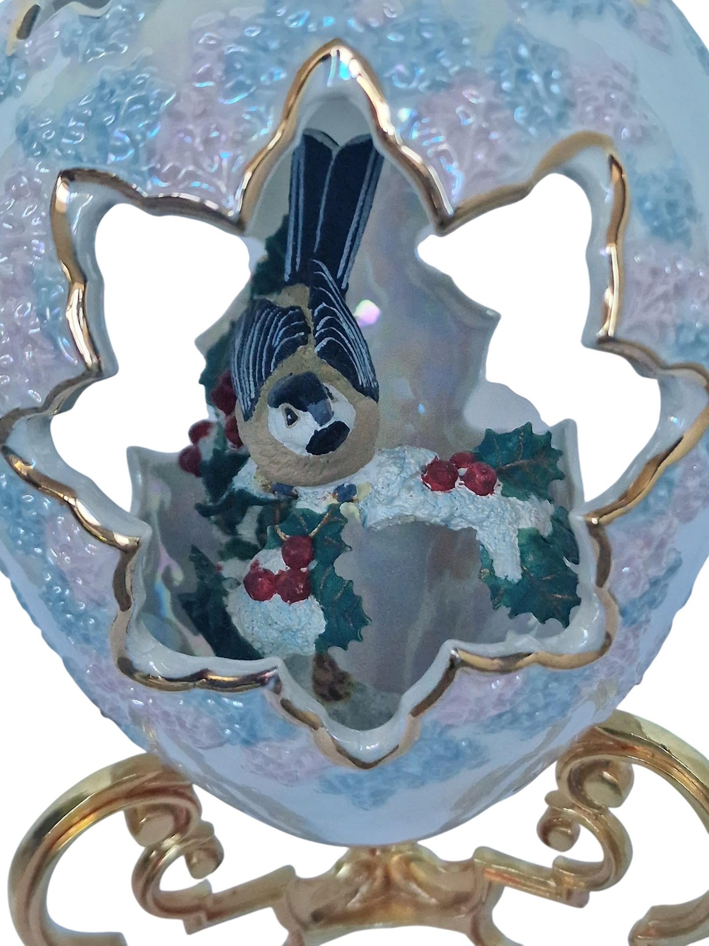 House of Fabergé, Faberge, gilded porcelain large egg w. certificate of authenticity, sweet garden of romance, chickadee, retired, iriserend