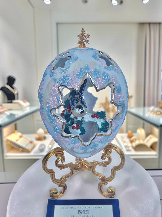 House of Fabergé, Faberge, gilded porcelain large egg w. certificate of authenticity, sweet garden of romance, chickadee, retired, iriserend