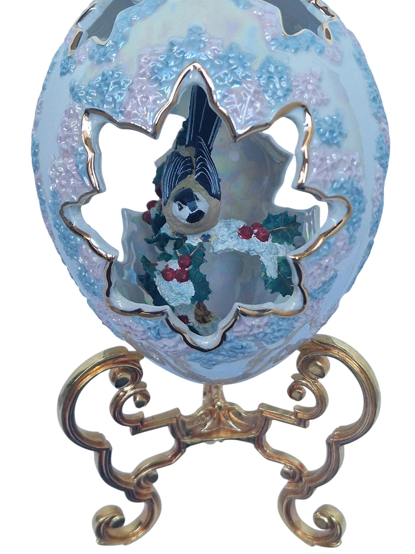 House of Fabergé, Faberge, gilded porcelain large egg w. certificate of authenticity, sweet garden of romance, chickadee, retired, iriserend