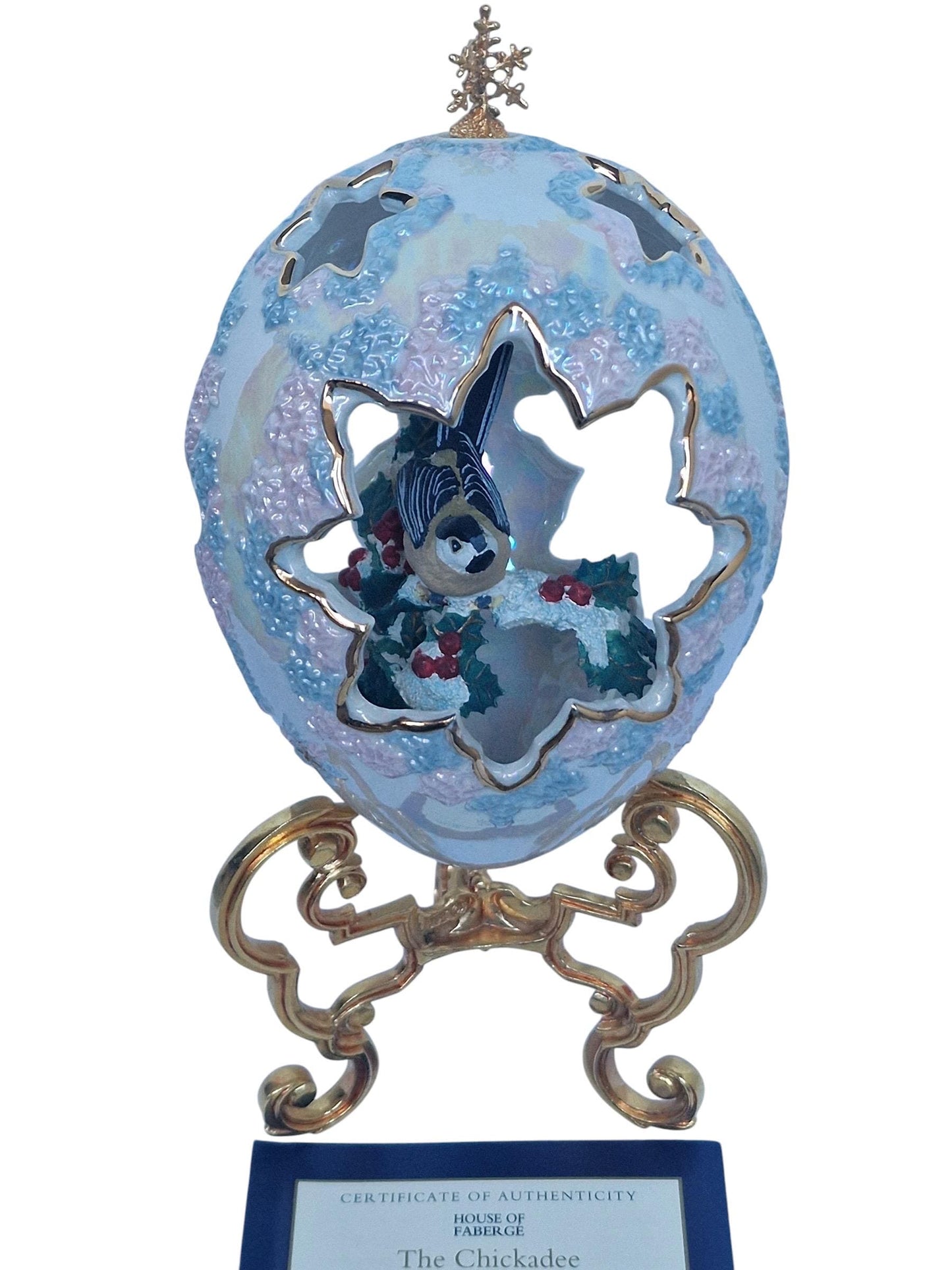 House of Fabergé, Faberge, gilded porcelain large egg w. certificate of authenticity, sweet garden of romance, chickadee, retired, iriserend