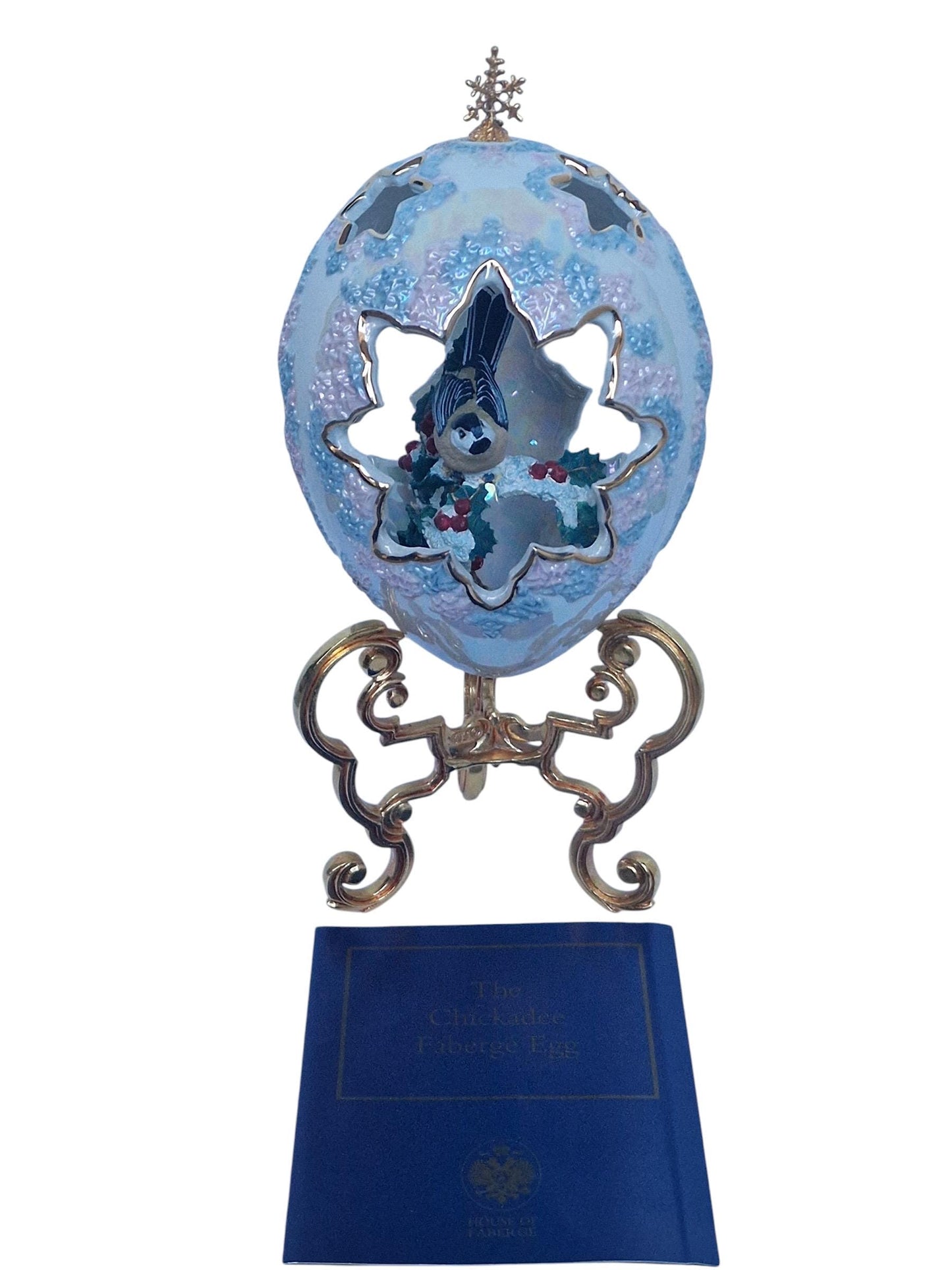 House of Fabergé, Faberge, gilded porcelain large egg w. certificate of authenticity, sweet garden of romance, chickadee, retired, iriserend