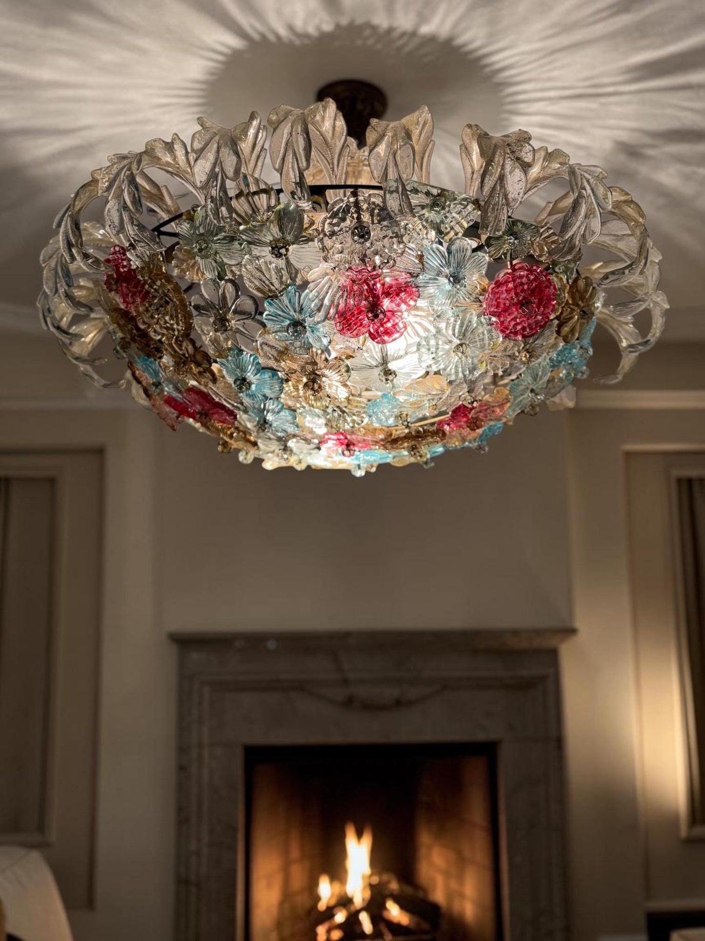 Murano Floral Chandelier, fiori gold infused ceiling light, Flavio Poli for Seguso, Murano, Italy, midcentury, rare, luxury