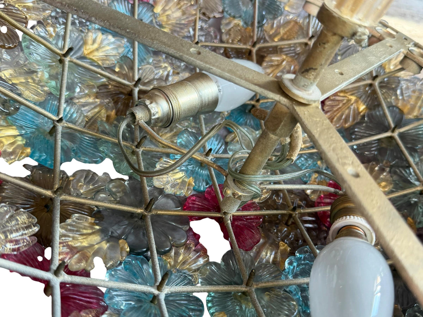Murano Floral Chandelier, fiori gold infused ceiling light, Flavio Poli for Seguso, Murano, Italy, midcentury, rare, luxury