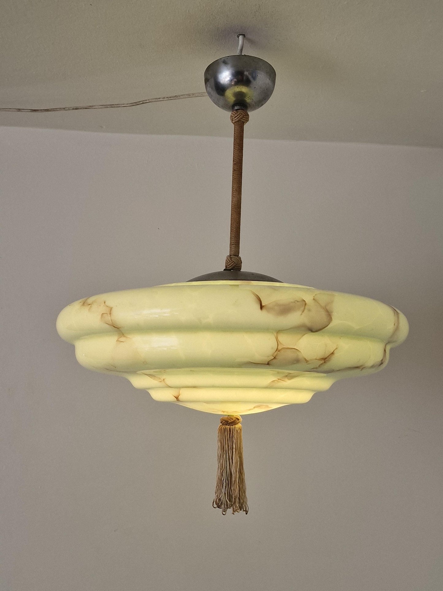Reserved: Art deco pastel pistache green charleston ceiling Lamp with Opaline Glass, , c. 1920s  Ceiling lamp hanging , rod