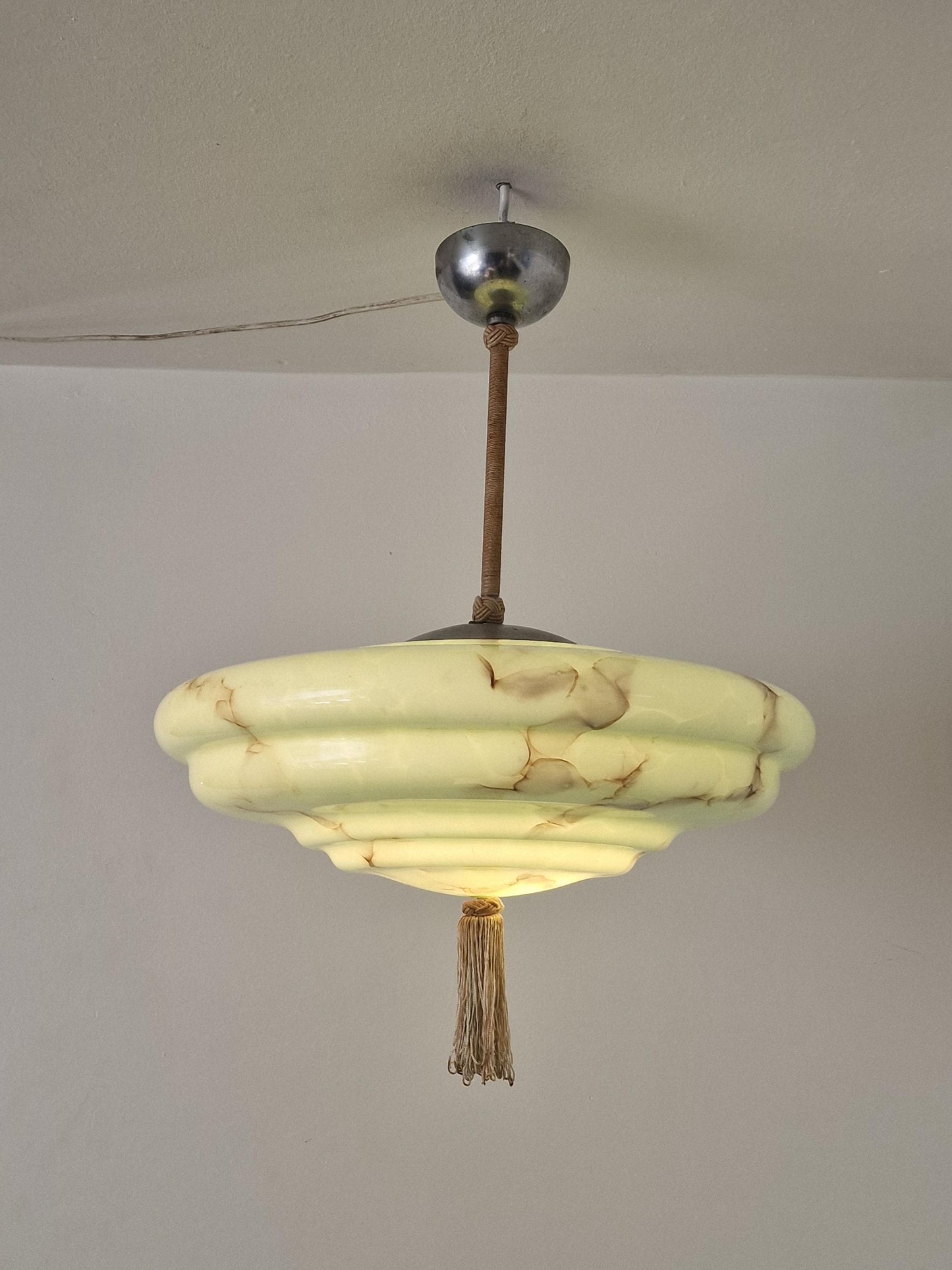 Reserved: Art deco pastel pistache green charleston ceiling Lamp with Opaline Glass, , c. 1920s  Ceiling lamp hanging , rod