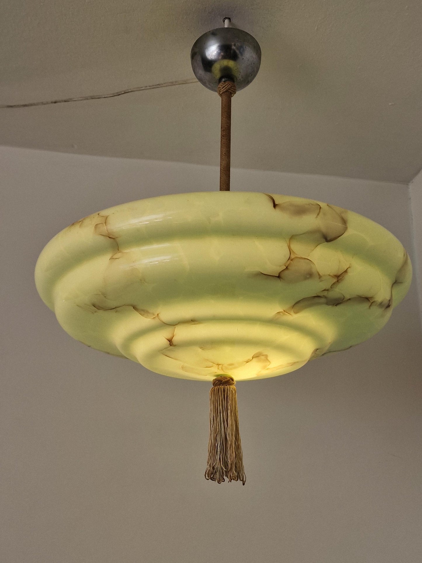 Reserved: Art deco pastel pistache green charleston ceiling Lamp with Opaline Glass, , c. 1920s  Ceiling lamp hanging , rod