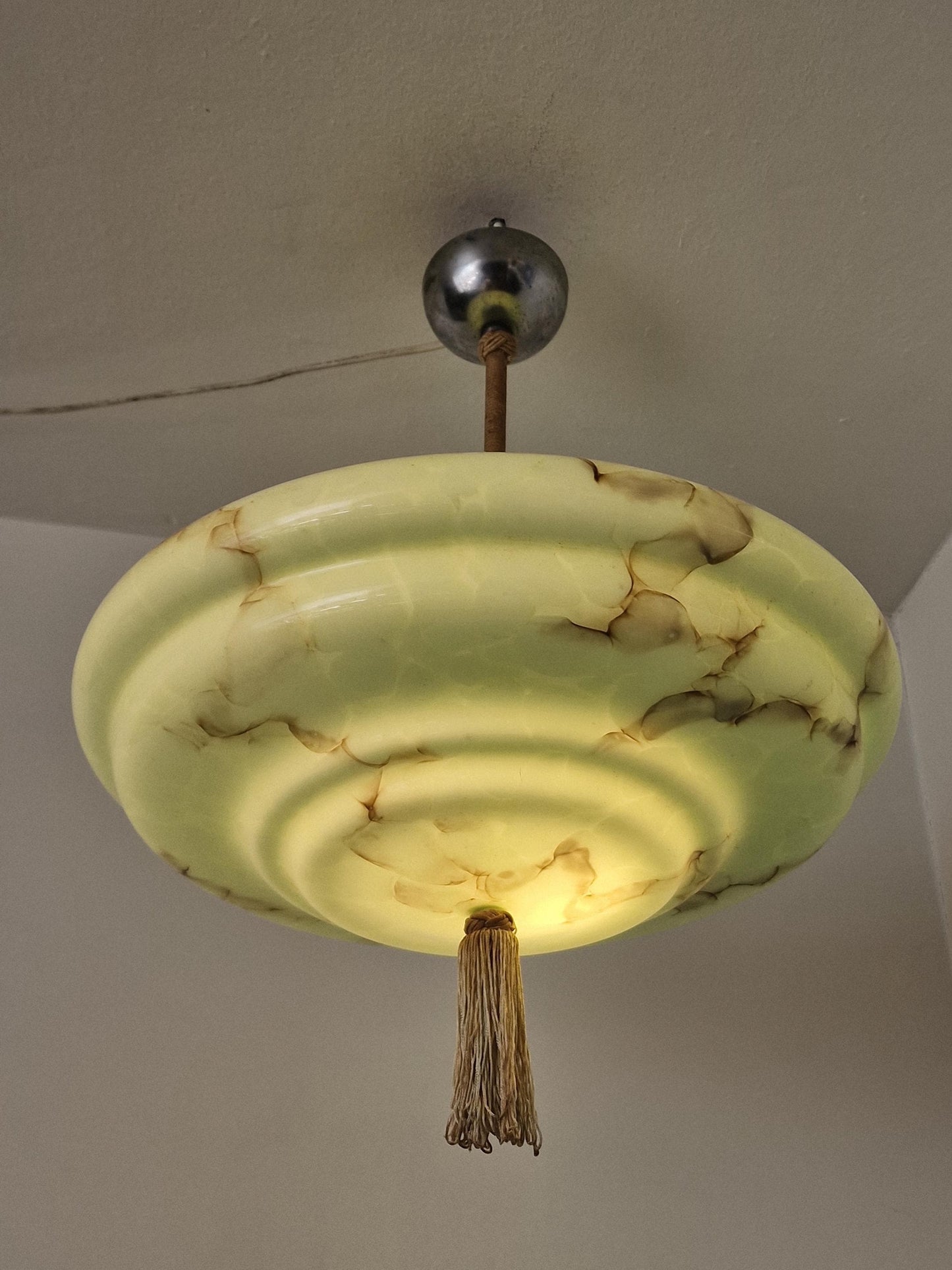 Reserved: Art deco pastel pistache green charleston ceiling Lamp with Opaline Glass, , c. 1920s  Ceiling lamp hanging , rod