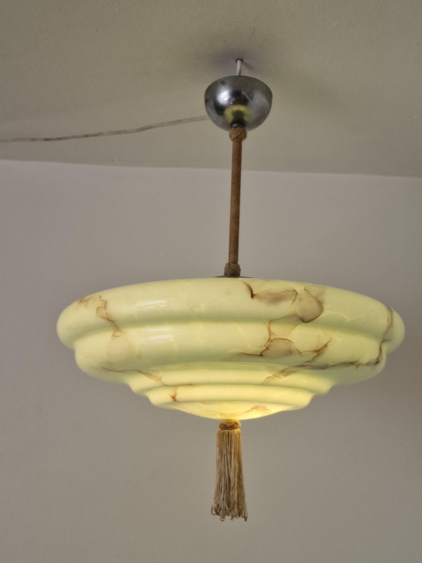 Reserved: Art deco pastel pistache green charleston ceiling Lamp with Opaline Glass, , c. 1920s  Ceiling lamp hanging , rod