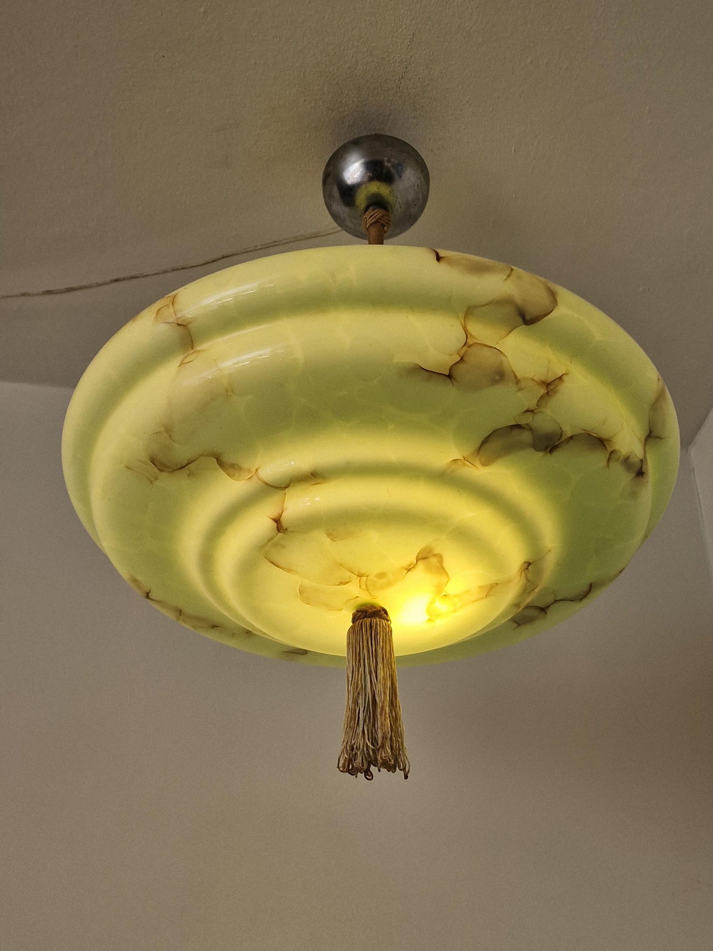 Reserved: Art deco pastel pistache green charleston ceiling Lamp with Opaline Glass, , c. 1920s  Ceiling lamp hanging , rod