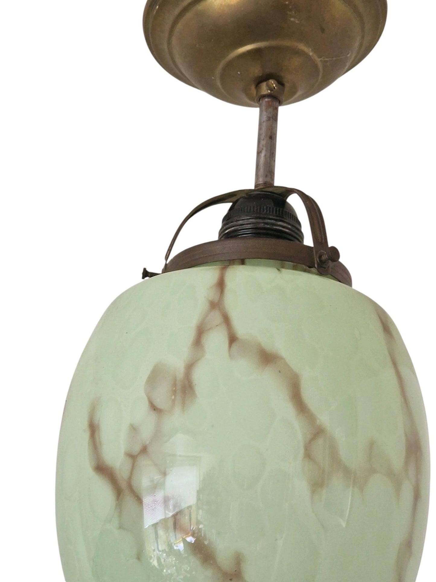 Art deco pastel pistache green early art deco Dutch Holland ceiling Lamp with Opaline Glass, , c. 1920s 1930s  Ceiling lamp hanging , rod