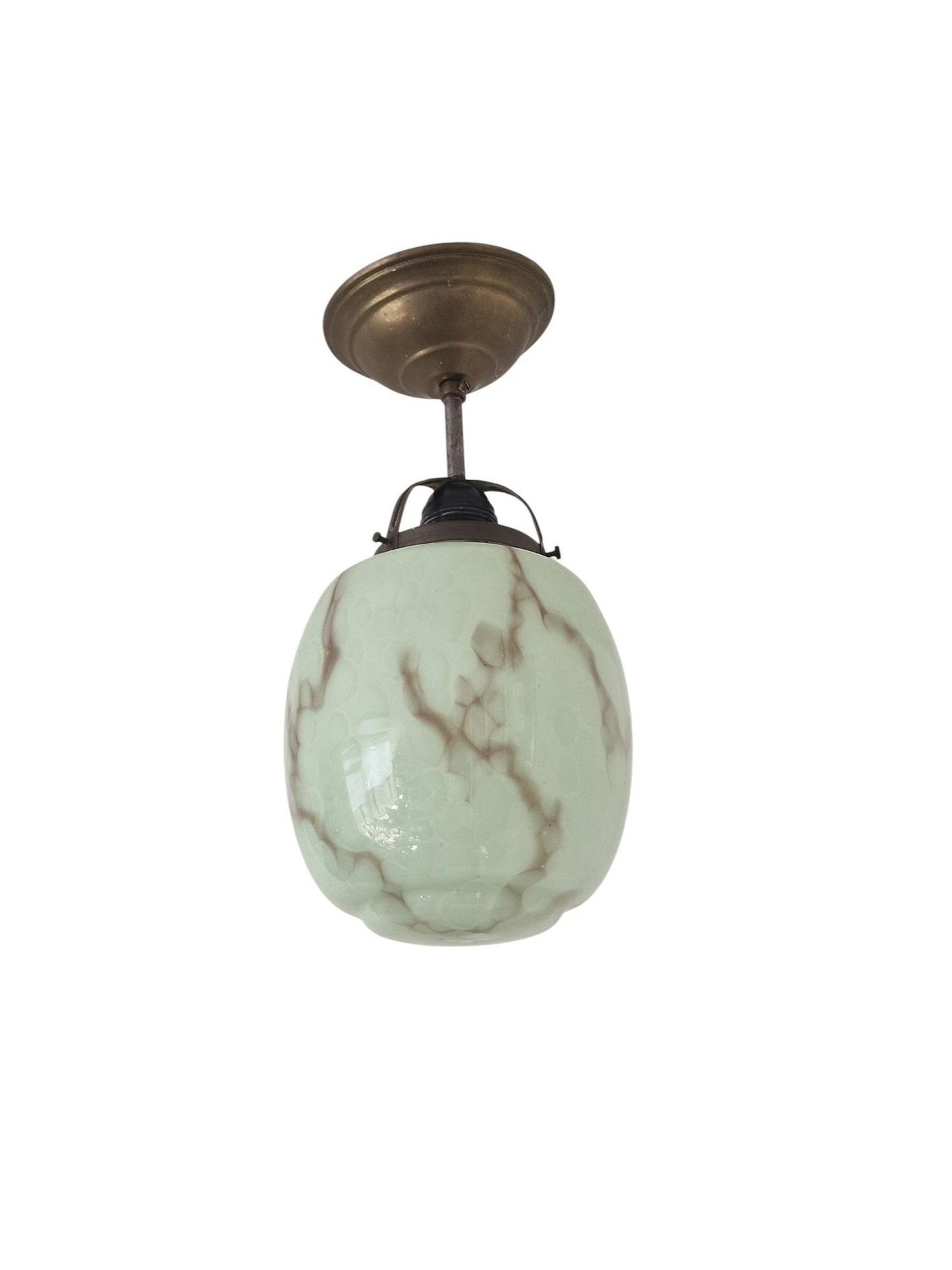 Art deco pastel pistache green early art deco Dutch Holland ceiling Lamp with Opaline Glass, , c. 1920s 1930s  Ceiling lamp hanging , rod