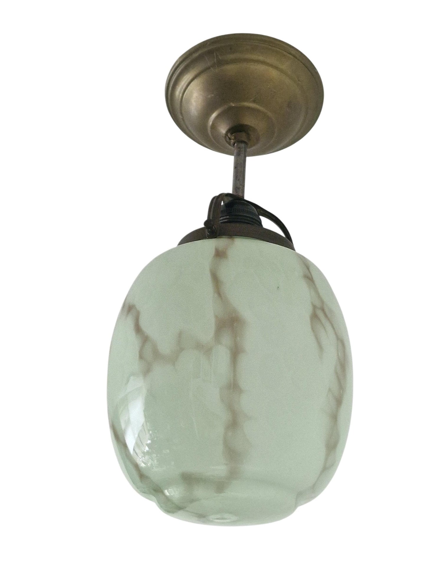 Art deco pastel pistache green early art deco Dutch Holland ceiling Lamp with Opaline Glass, , c. 1920s 1930s  Ceiling lamp hanging , rod