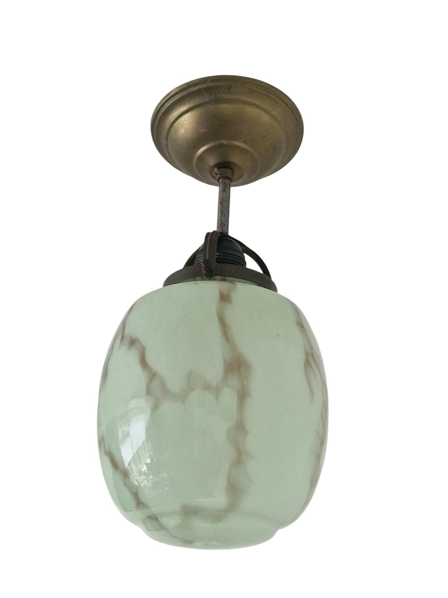 Art deco pastel pistache green early art deco Dutch Holland ceiling Lamp with Opaline Glass, , c. 1920s 1930s  Ceiling lamp hanging , rod