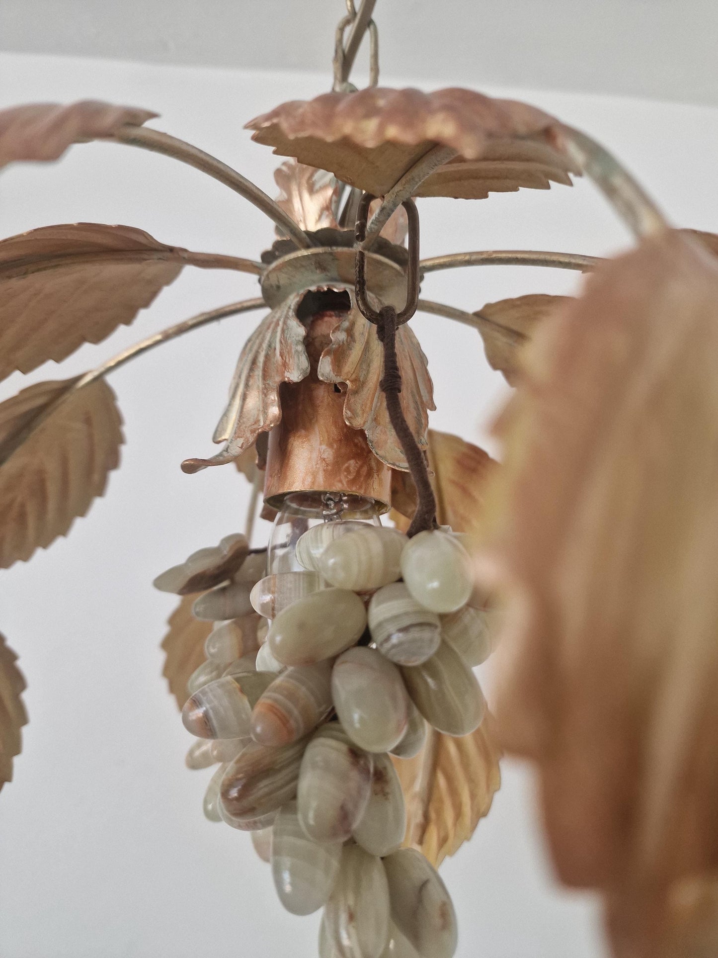 Vintage Italian Gilt Metal Chandelier with Agate Grapes, ca. 1955–1965 Mediteranian lamp