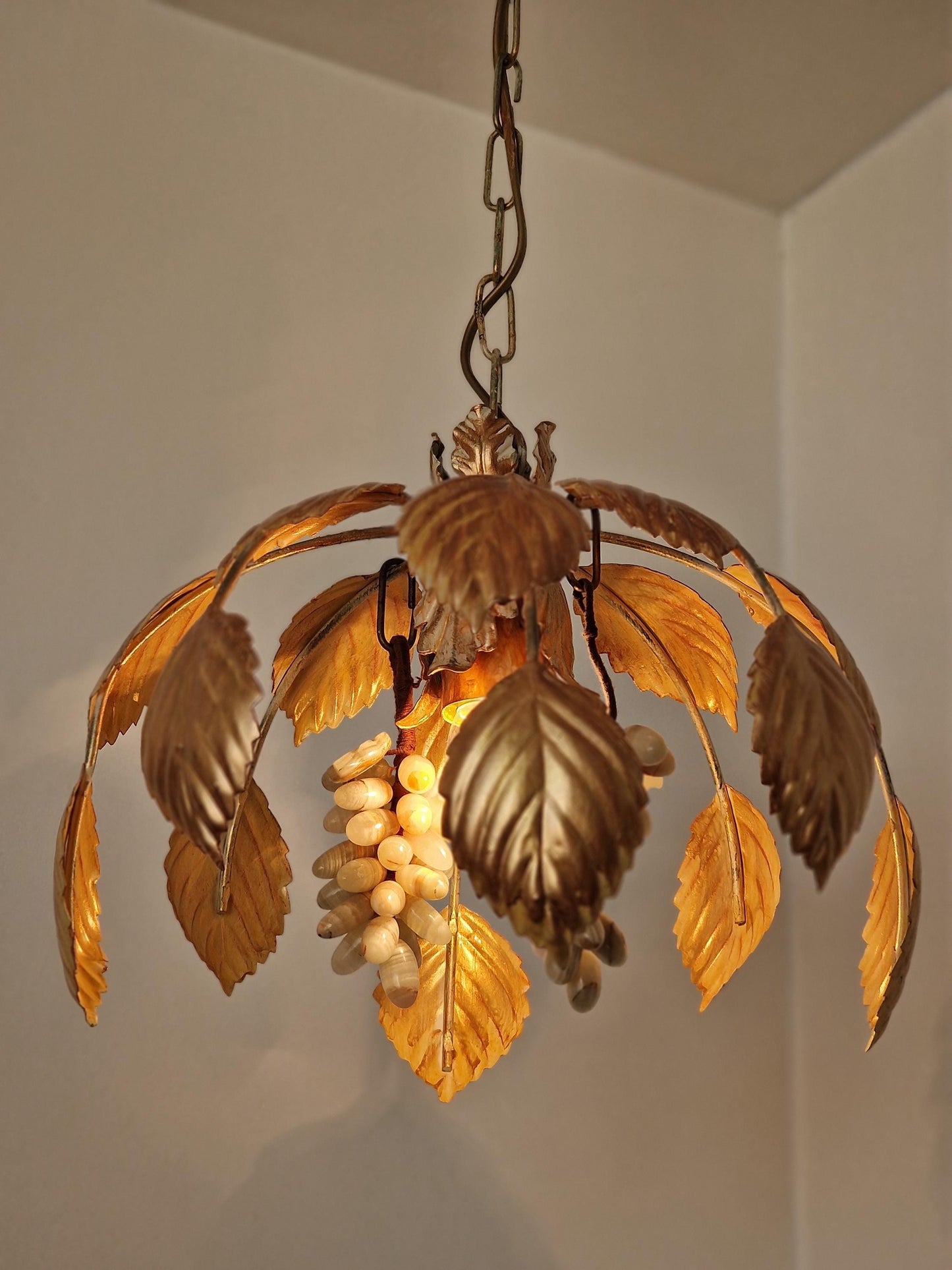 Vintage Italian Gilt Metal Chandelier with Agate Grapes, ca. 1955–1965 Mediteranian lamp