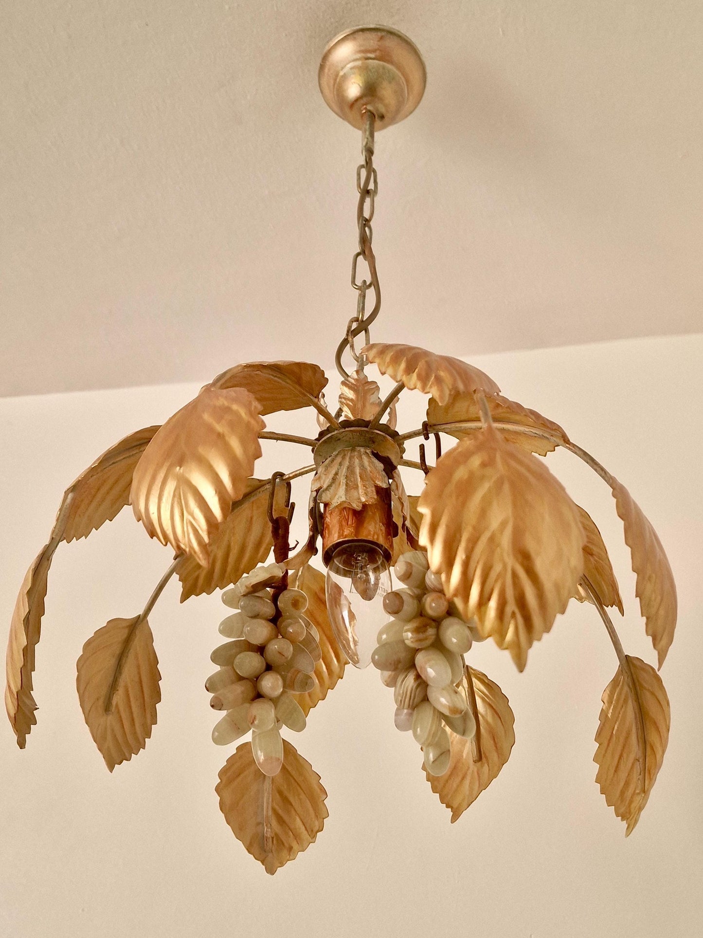 Vintage Italian Gilt Metal Chandelier with Agate Grapes, ca. 1955–1965 Mediteranian lamp