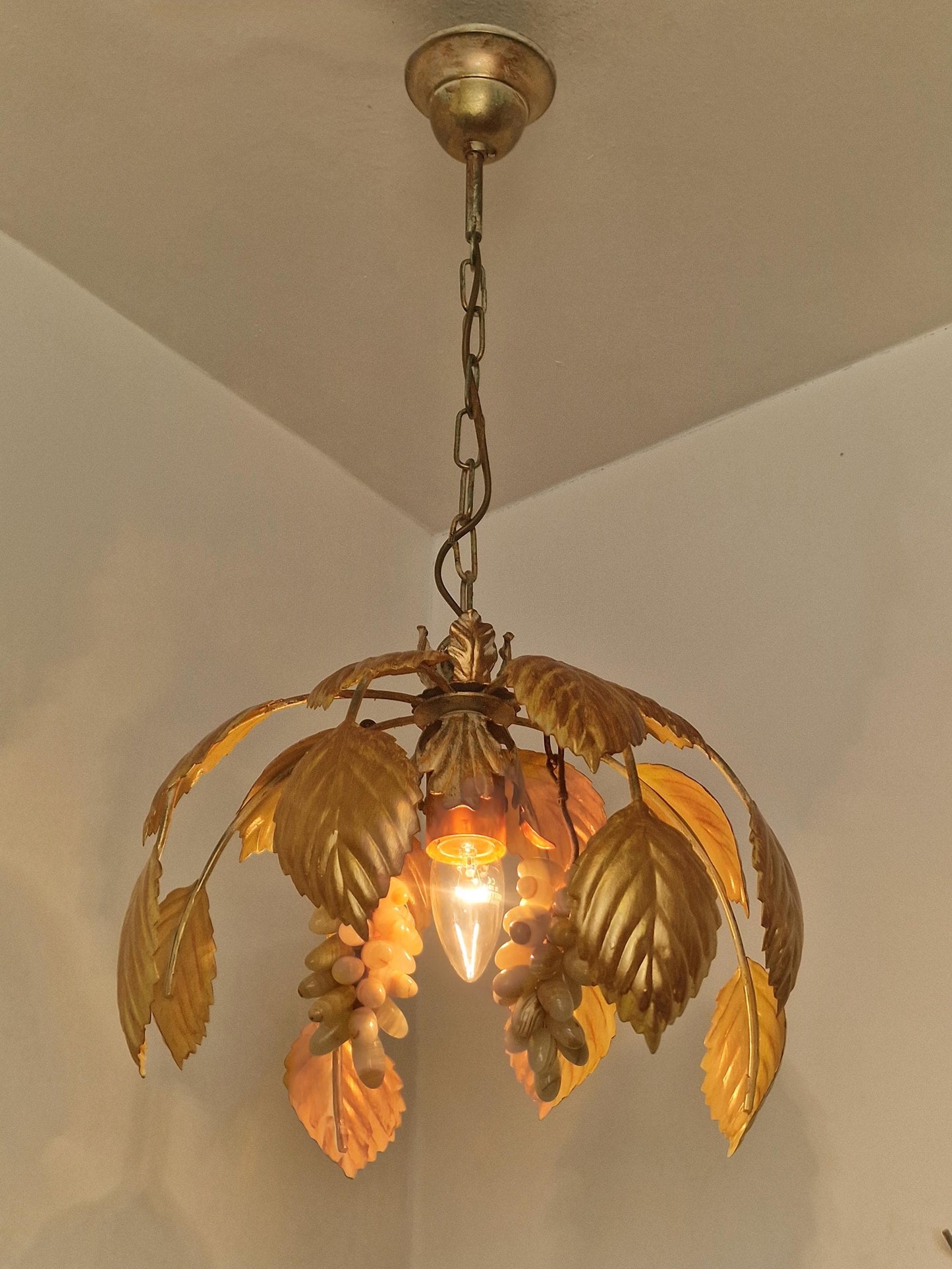 Vintage Italian Gilt Metal Chandelier with Agate Grapes, ca. 1955–1965 Mediteranian lamp