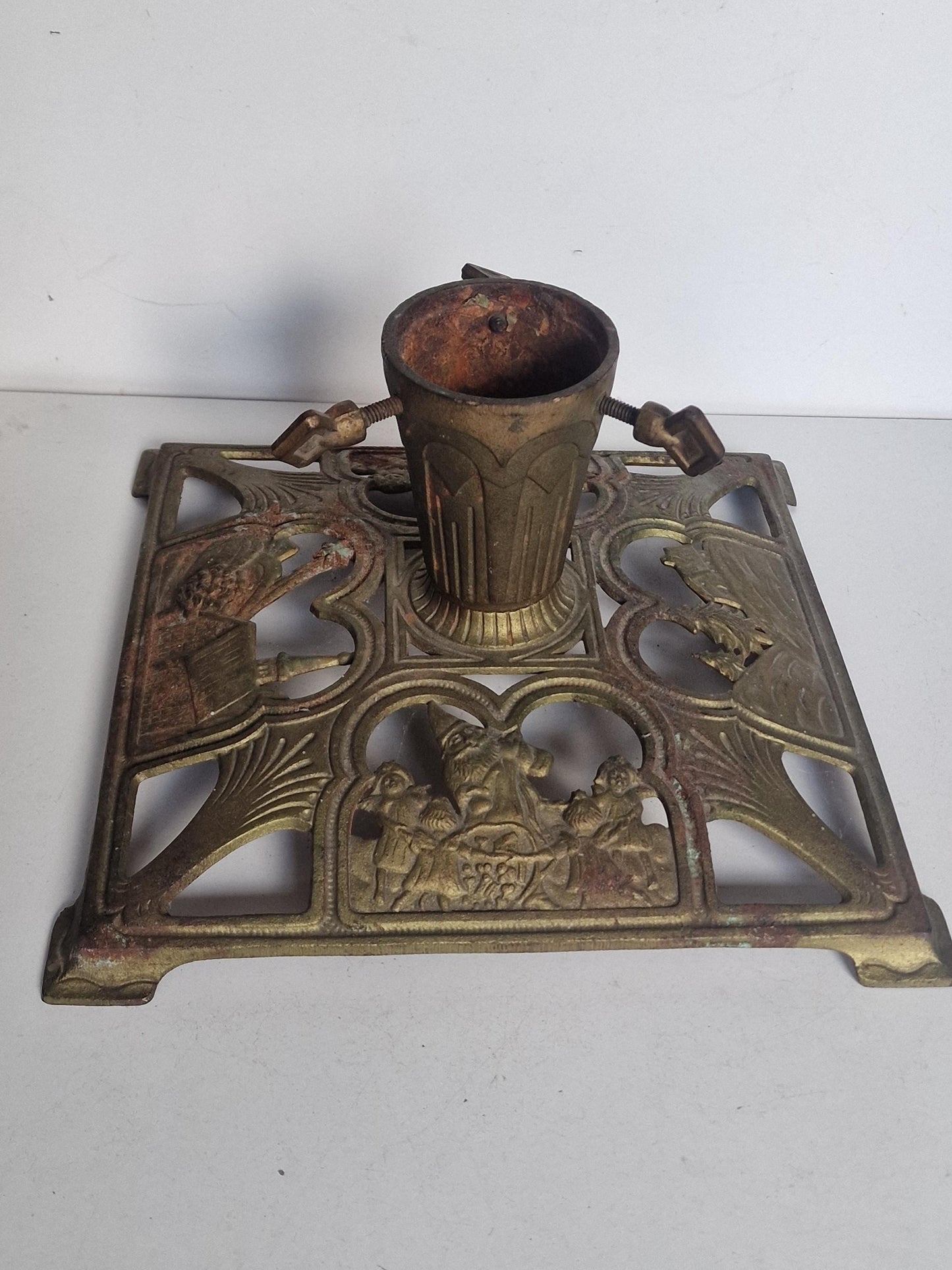 black forrest Art Nouveau Antique German Cast Iron Christmas Tree Stand with Gnome, Birds & Children, ca. 1900–1925