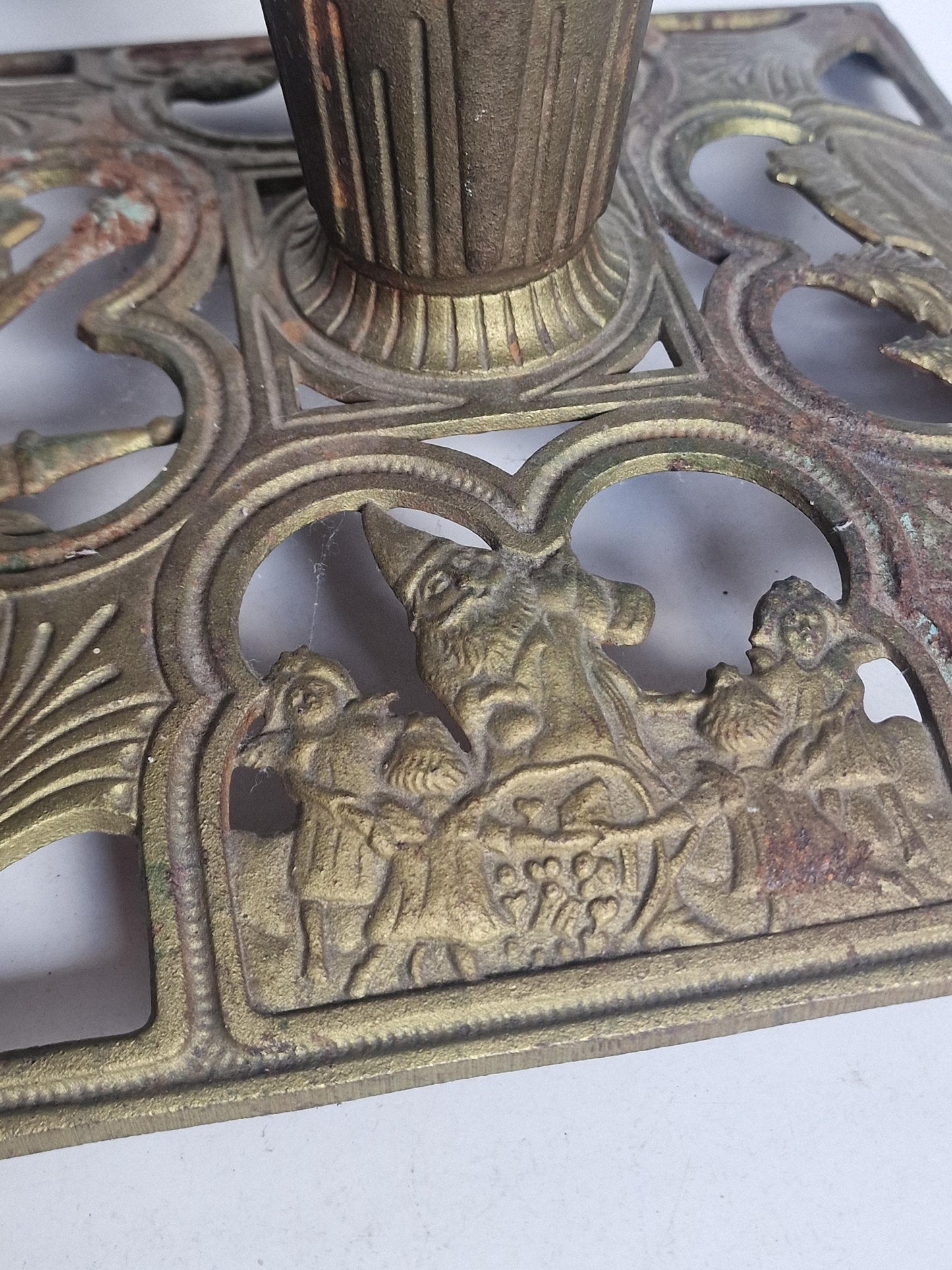 black forrest Art Nouveau Antique German Cast Iron Christmas Tree Stand with Gnome, Birds & Children, ca. 1900–1925