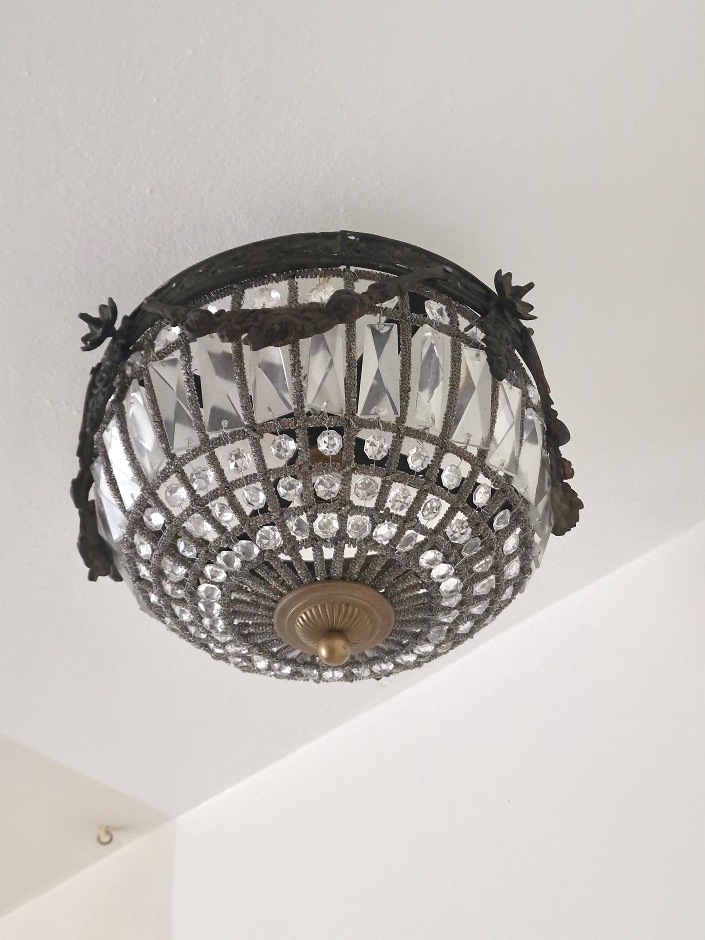 French Belle Époque Crystal Flush Mount Ceiling Light, France, circa 1900