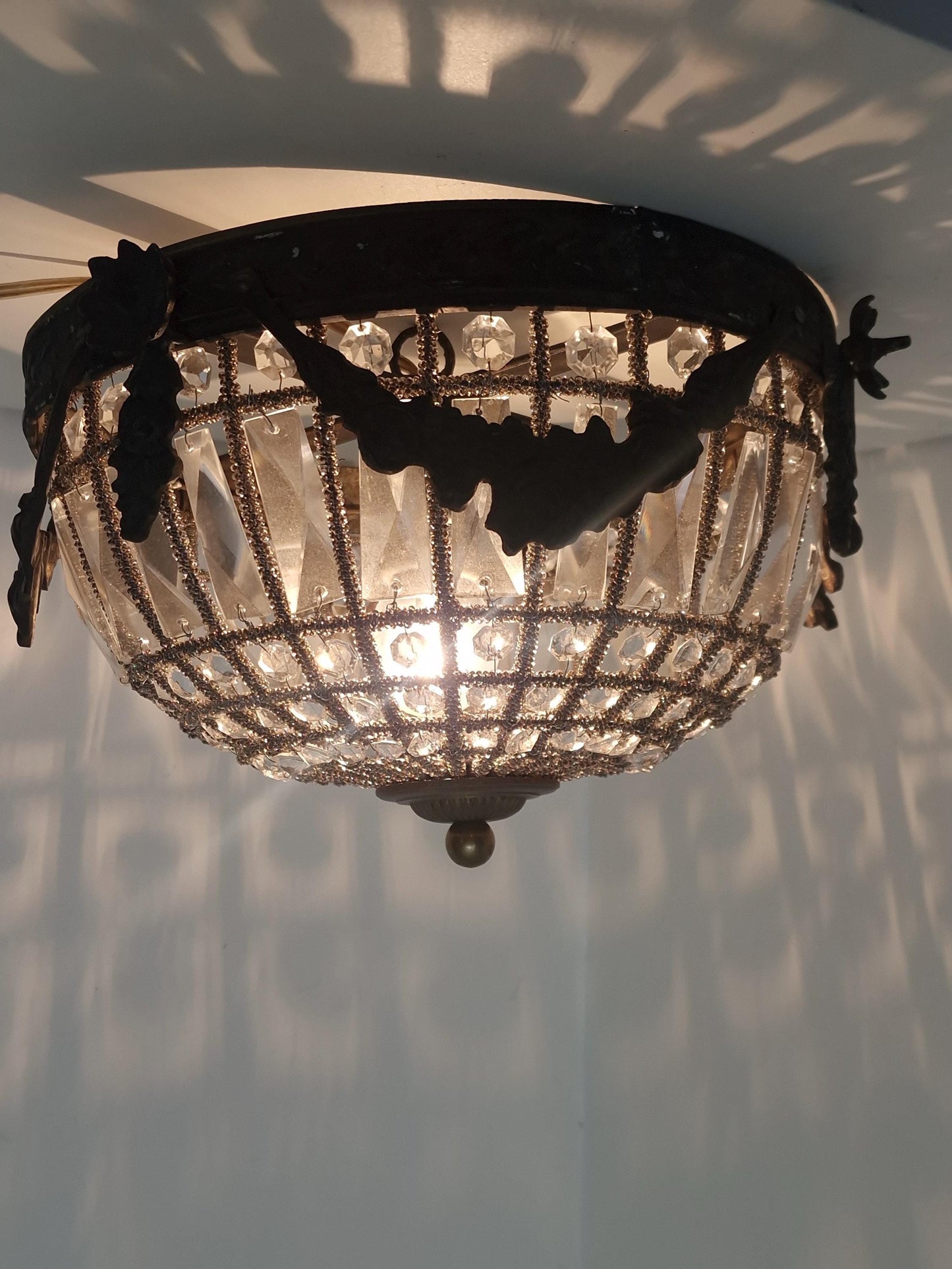 French Belle Époque Crystal Flush Mount Ceiling Light, France, circa 1900