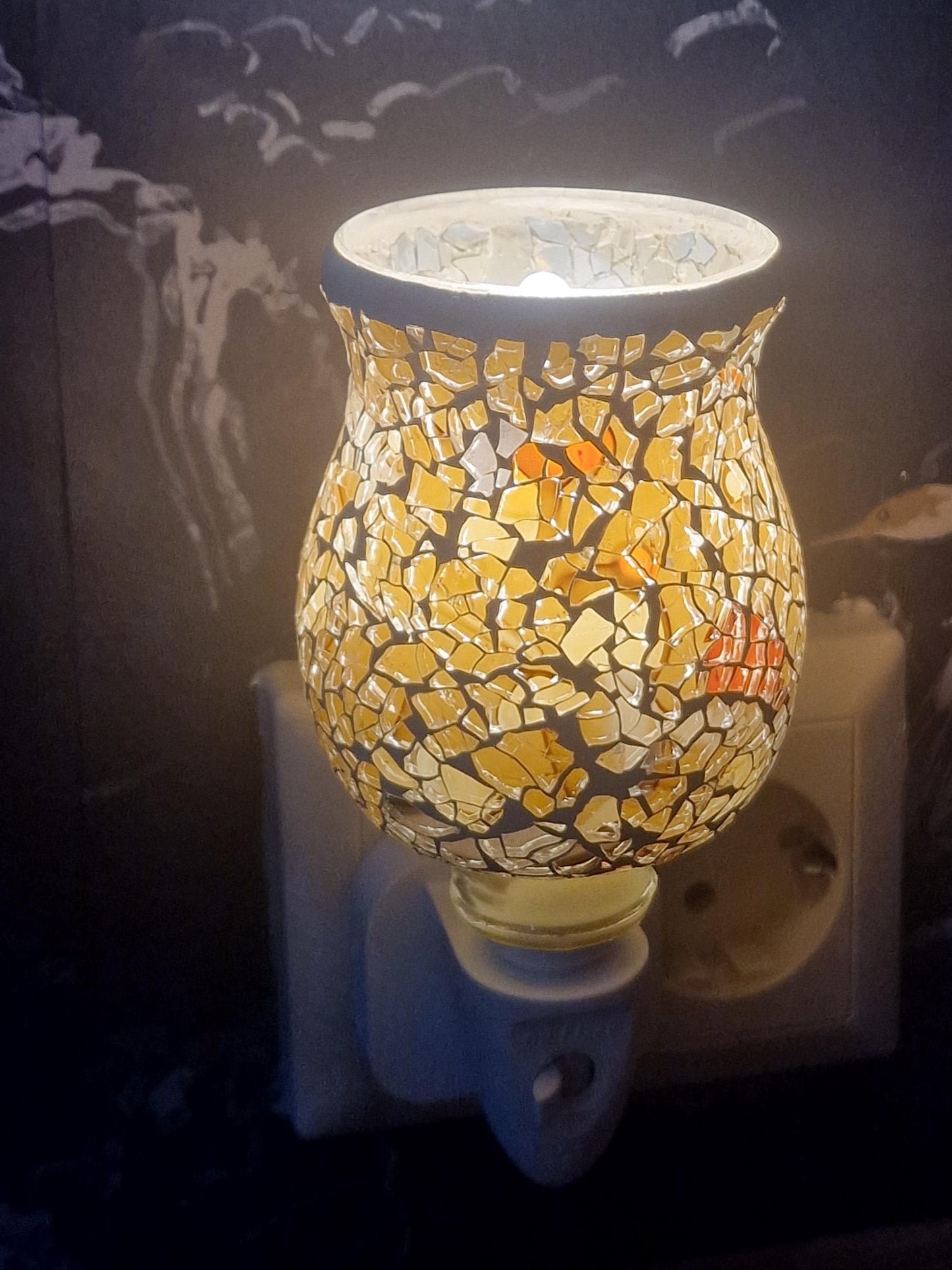 Pair of vintage Mosaic Glass Plug-In Night Lights, amber brown