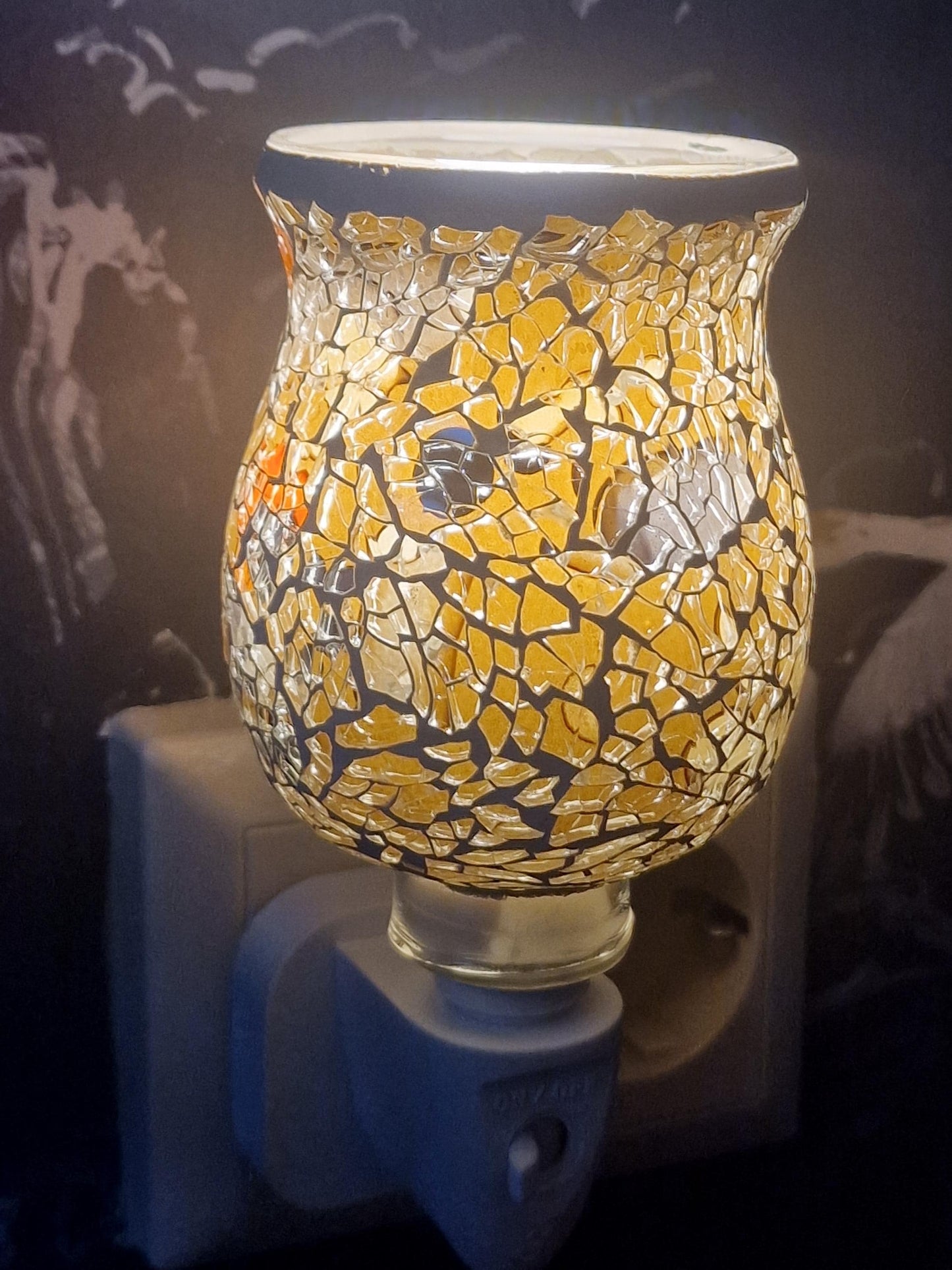 Pair of vintage Mosaic Glass Plug-In Night Lights, amber brown