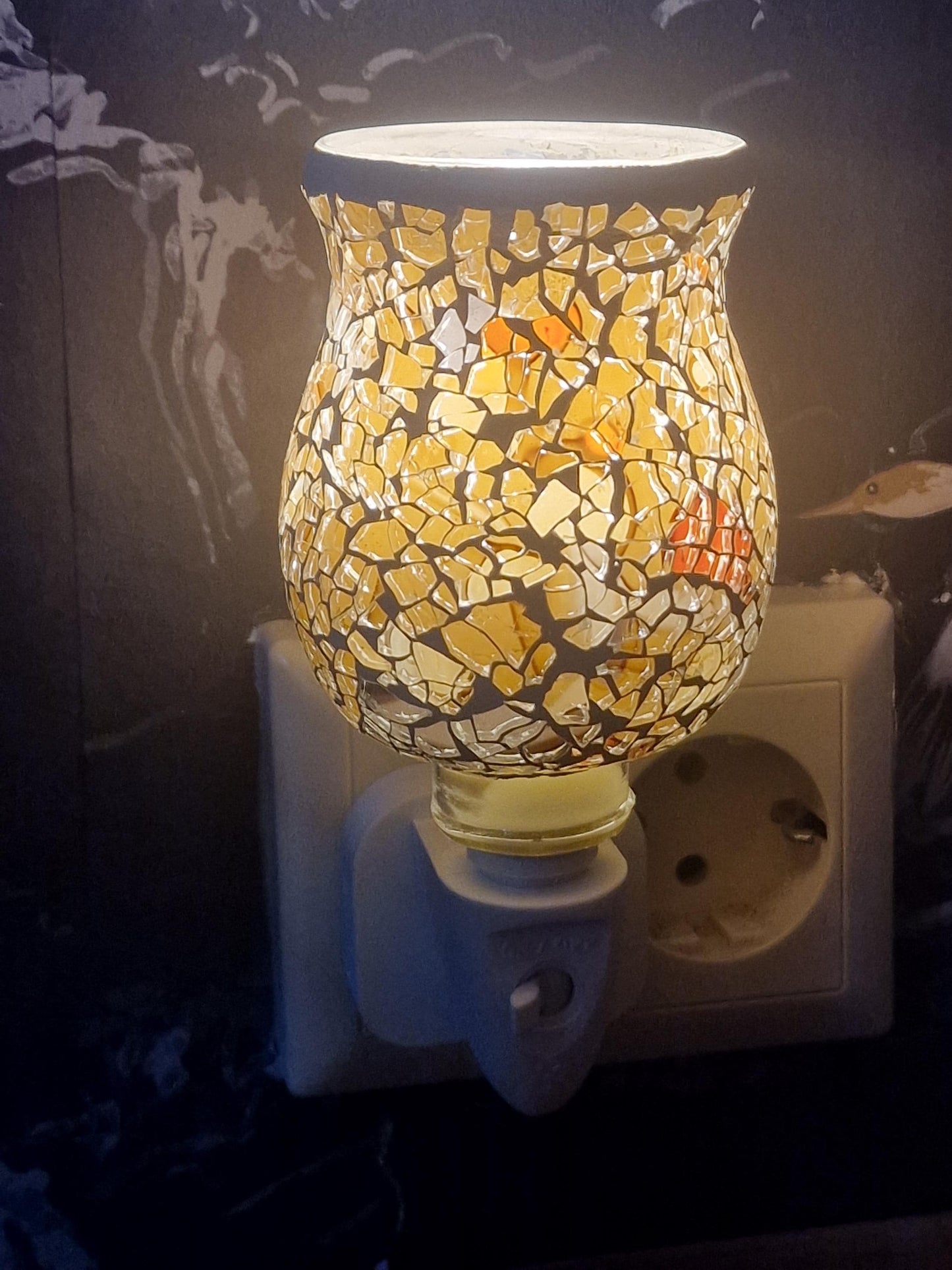 Pair of vintage Mosaic Glass Plug-In Night Lights, amber brown
