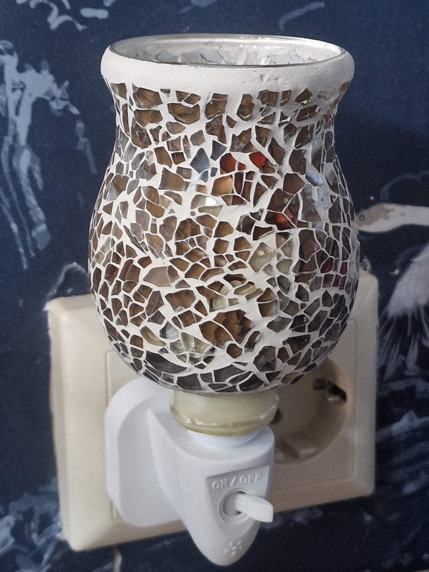 Pair of vintage Mosaic Glass Plug-In Night Lights, amber brown