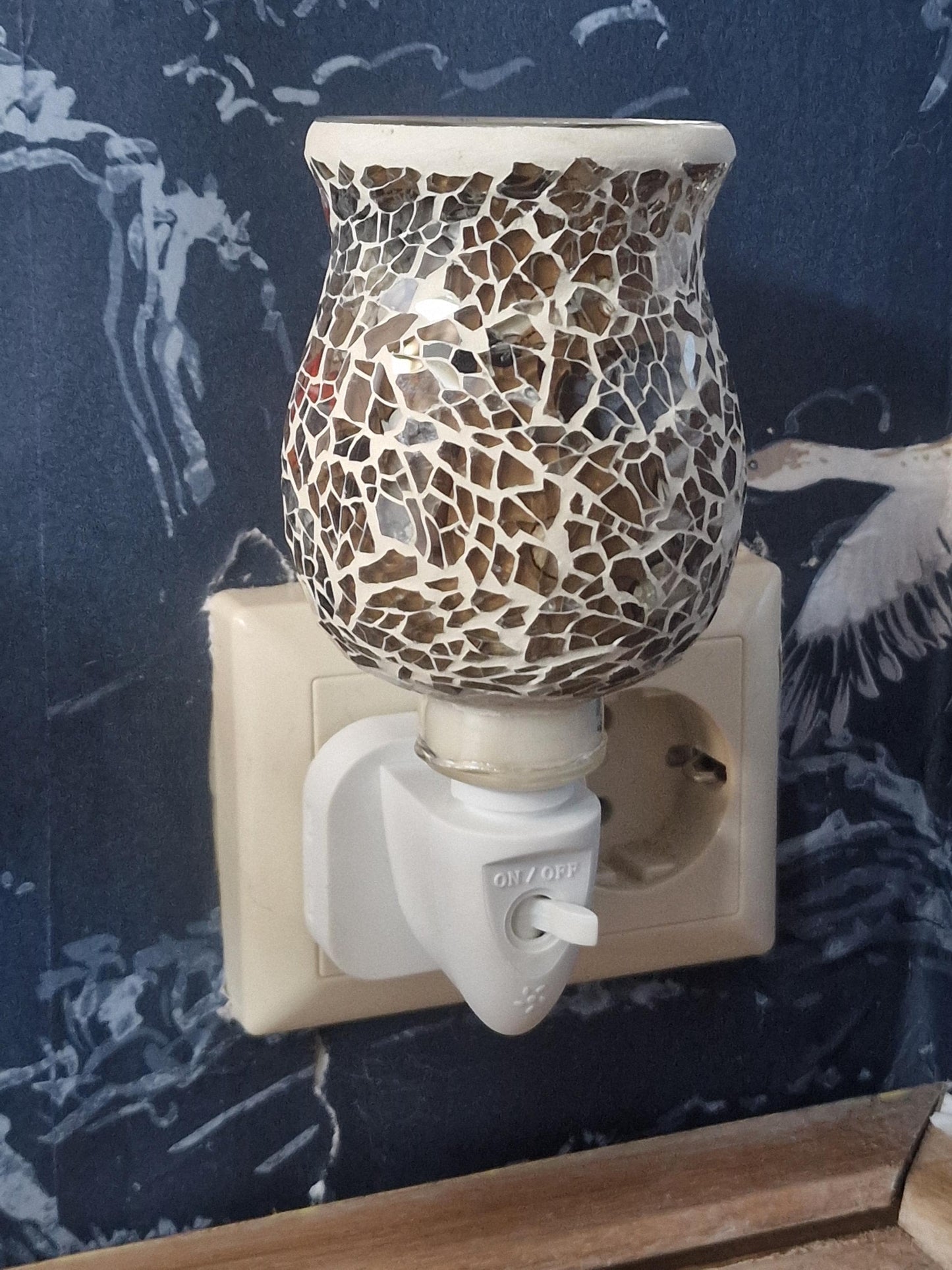 Pair of vintage Mosaic Glass Plug-In Night Lights, amber brown