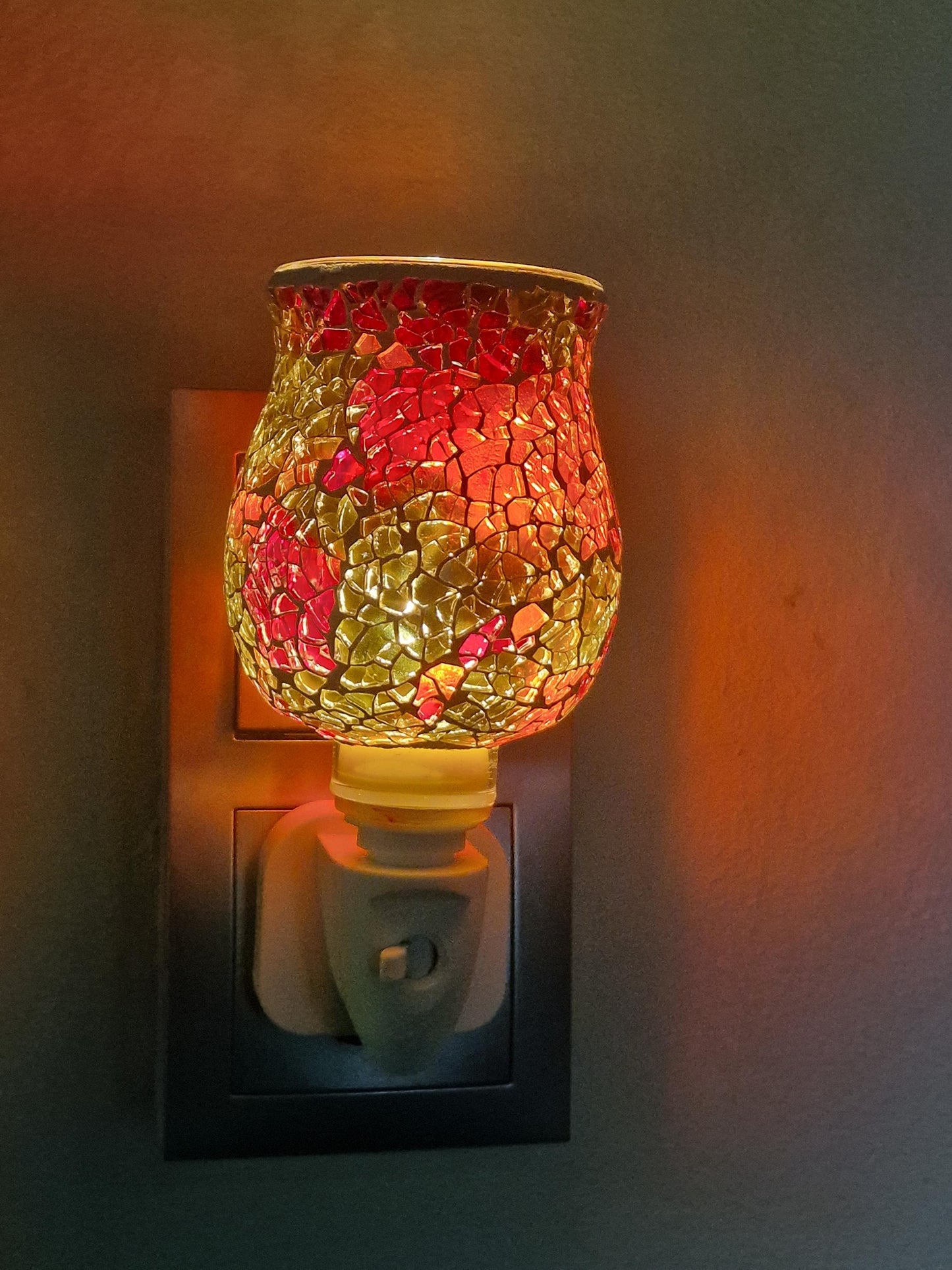 Pair of vintage Mosaic Glass Plug-In Night Lights, amber brown red grey
