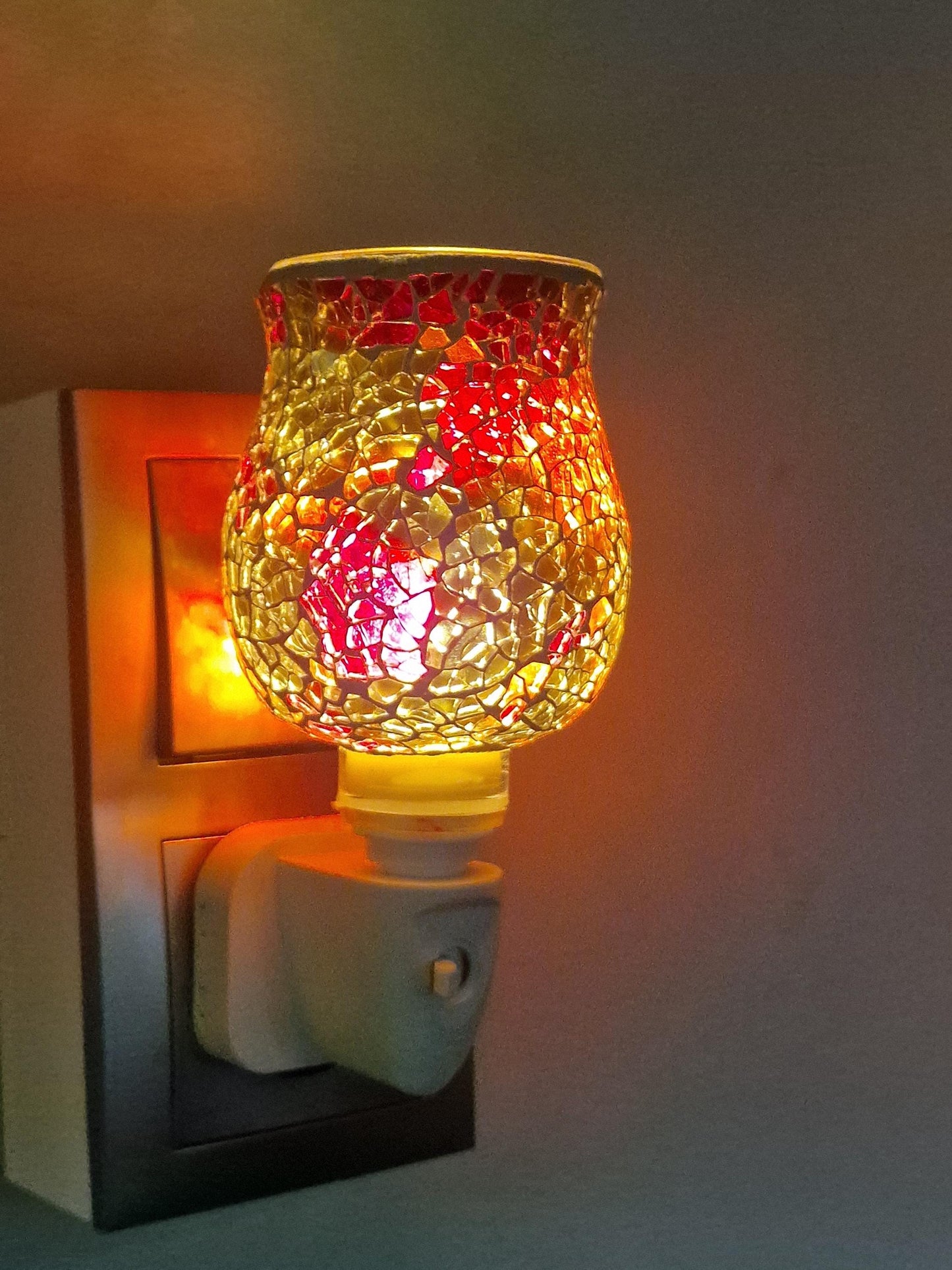Pair of vintage Mosaic Glass Plug-In Night Lights, amber brown red grey