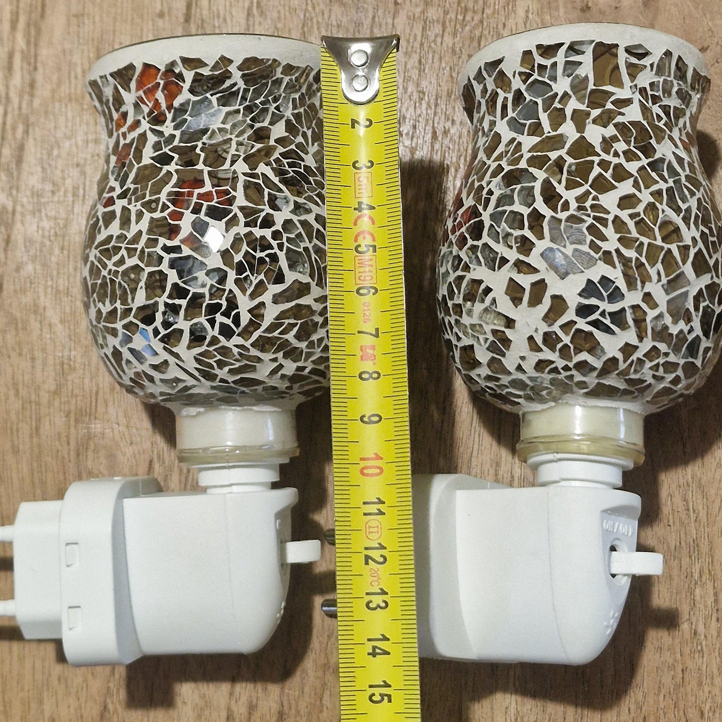 Pair of vintage Mosaic Glass Plug-In Night Lights, amber brown red grey