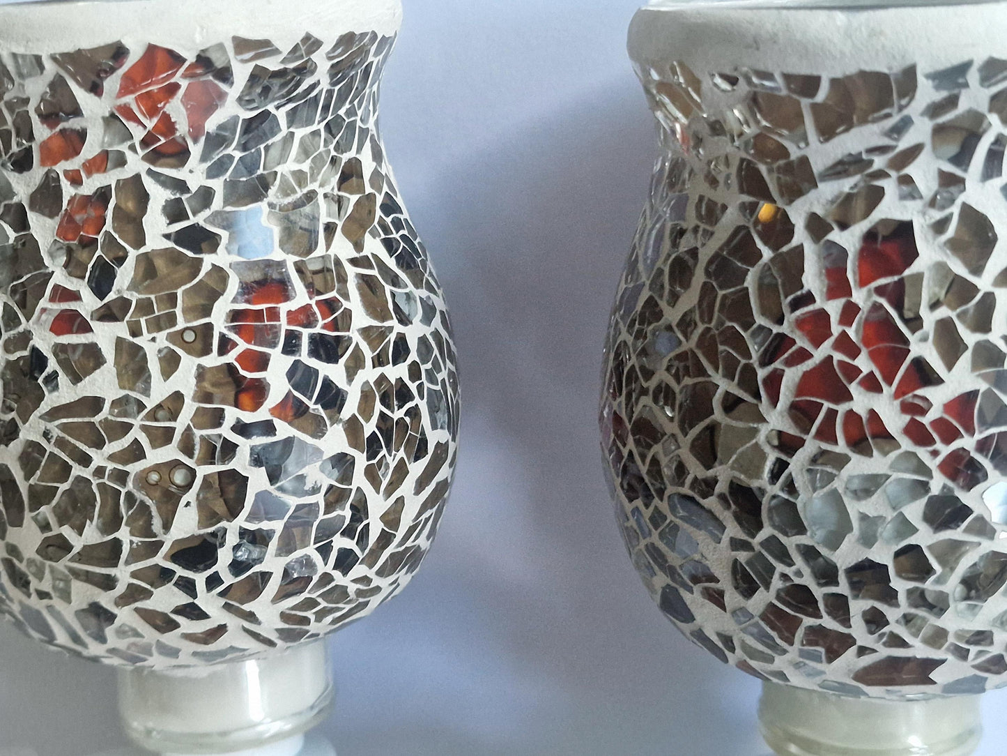 Pair of vintage Mosaic Glass Plug-In Night Lights, amber brown red grey