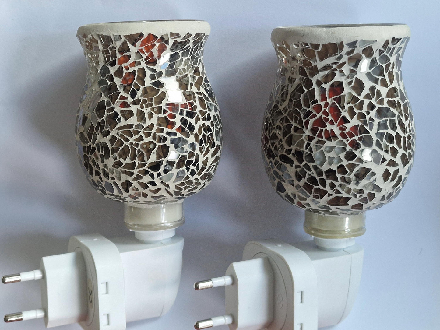 Pair of vintage Mosaic Glass Plug-In Night Lights, amber brown red grey