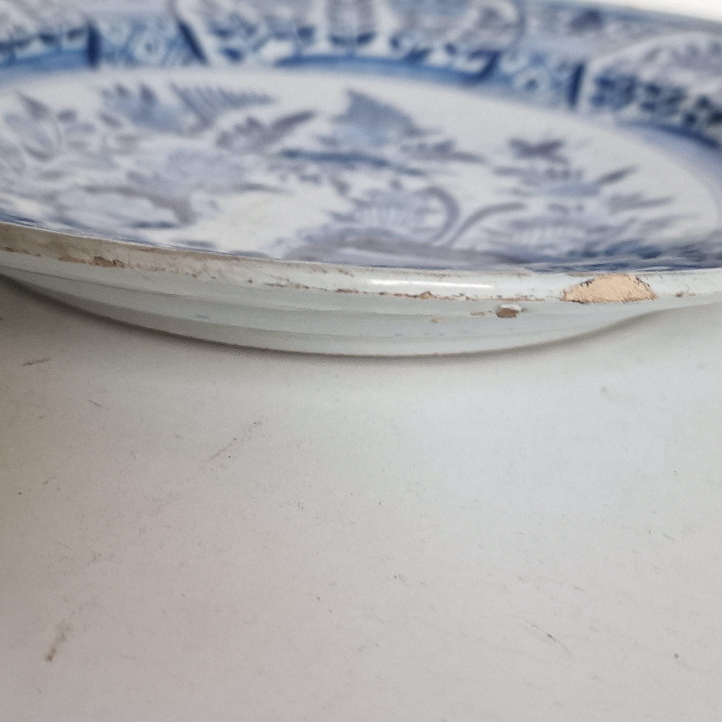 XL large Antique Delft Plate, pottery porceleyne clauw,  18th Century Dutch Chinoiserie, Oriental Decor